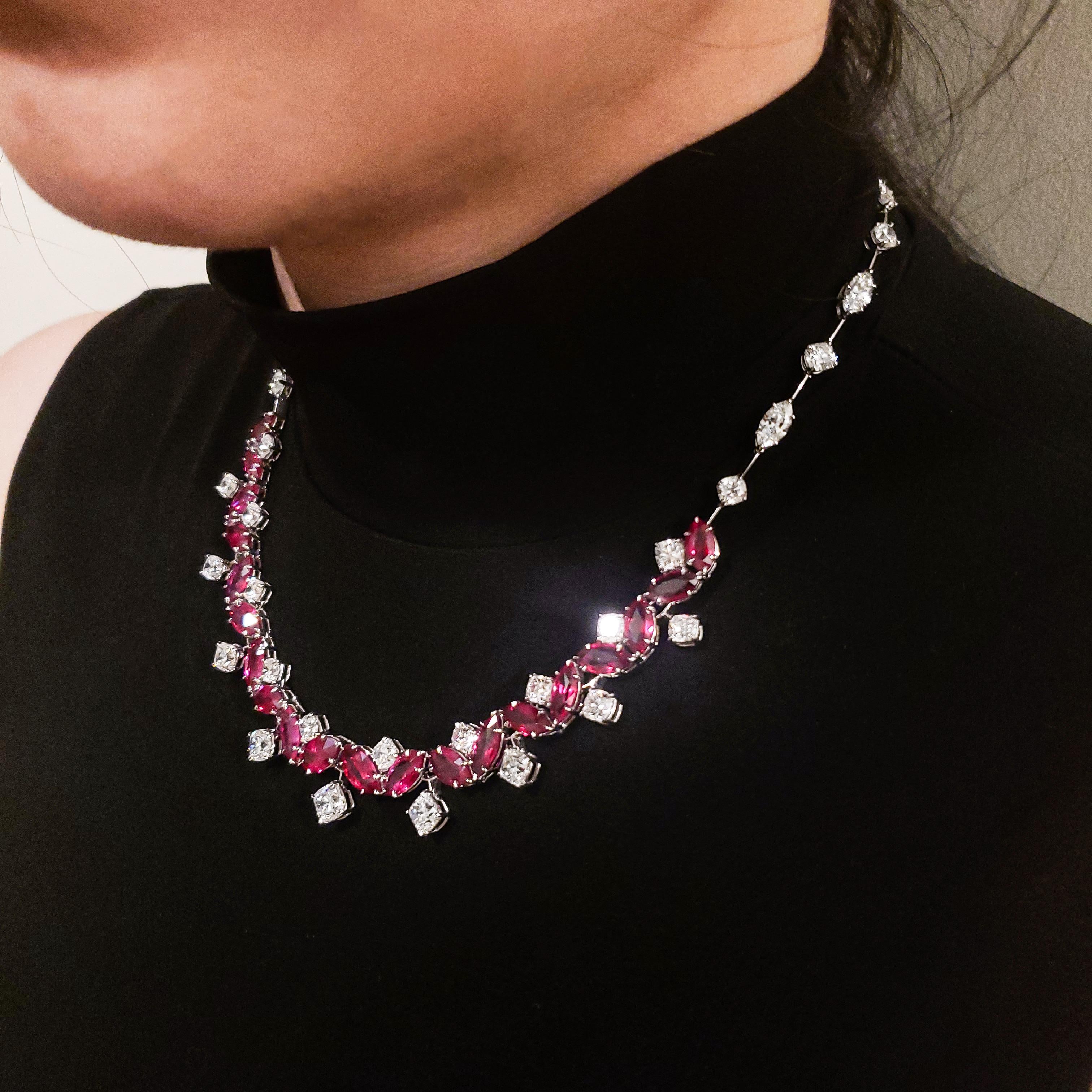 Women's 29.30 Carat Marquise Cut Ruby and Diamond Drop Necklace For Sale