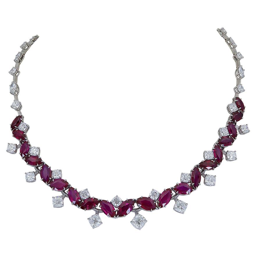 29.30 Carat Marquise Cut Ruby and Diamond Drop Necklace
