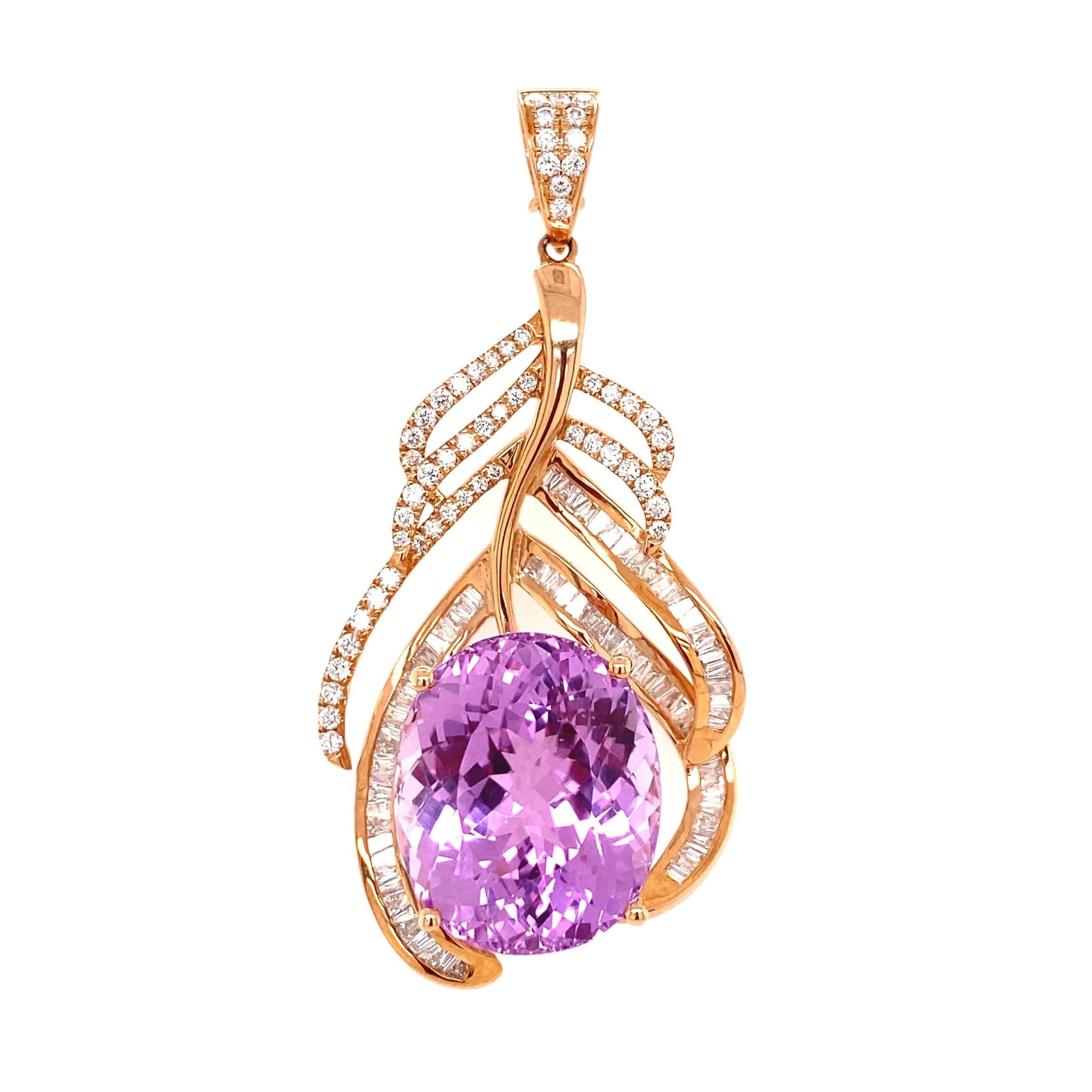 Simply Beautiful! Finely detailed Gold Oval Dark Kunzite and Diamond Pendant, center securely nestled with a Hand set 29.32 Carat Oval Kunzite, accented with Diamonds weighing approx. 2.00tcw. Fabulous design! Pendant measures approx. 1.65”.