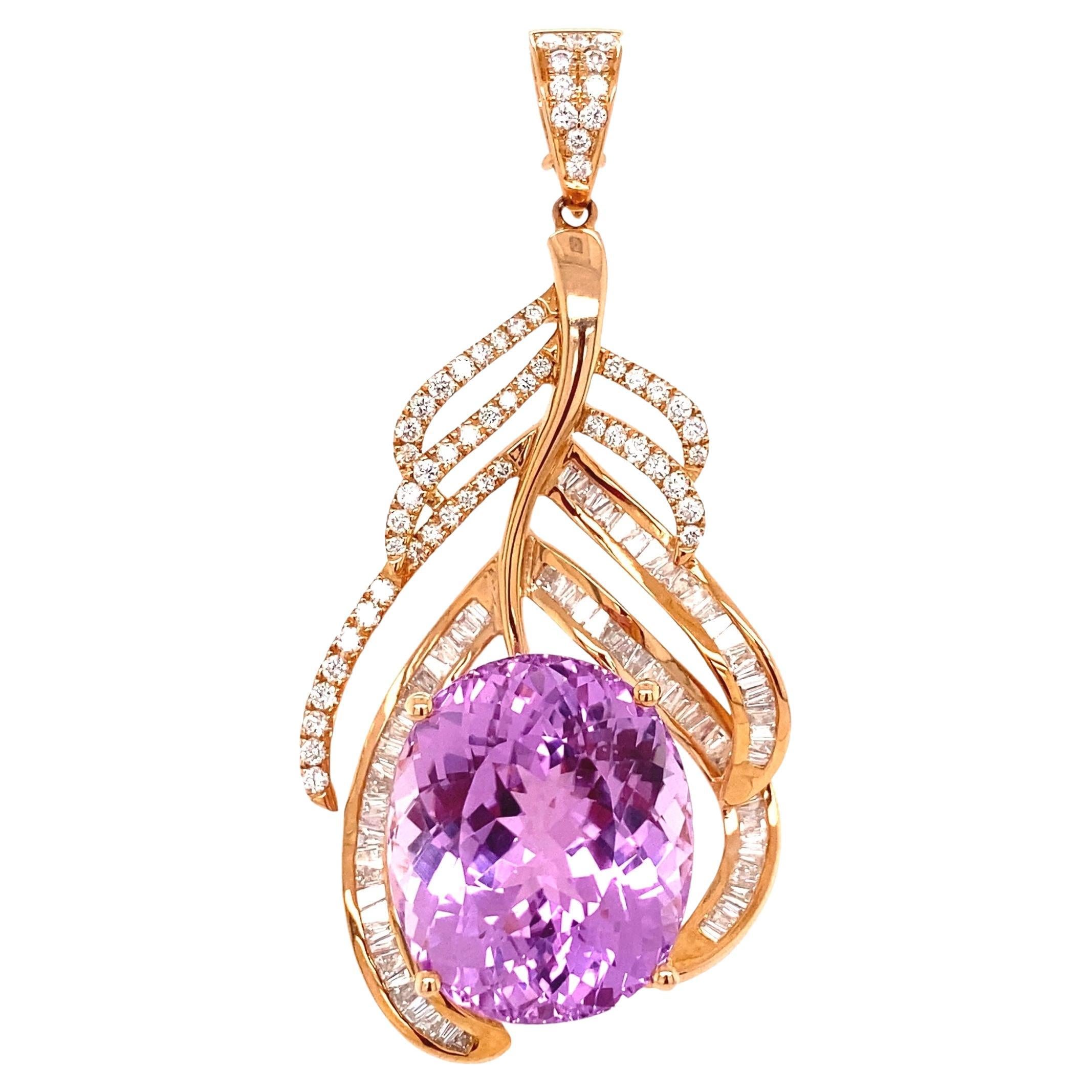 29.32 Carat Kunzite and Diamond Gold Pendant Necklace Estate Fine Jewelry