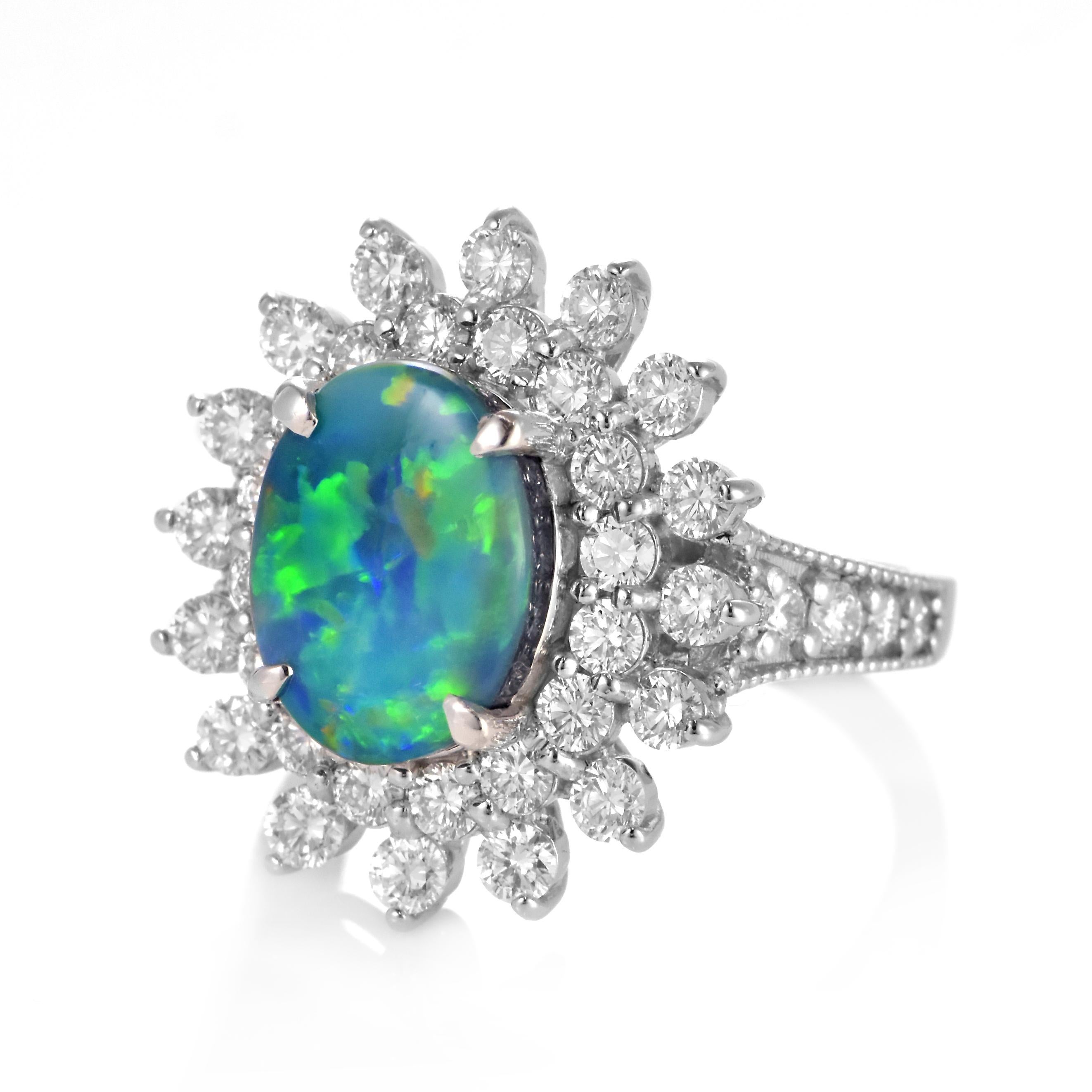 Modern 2.932 Carat Natural Australian Black Opal and Diamond Ring Made in Platinum For Sale