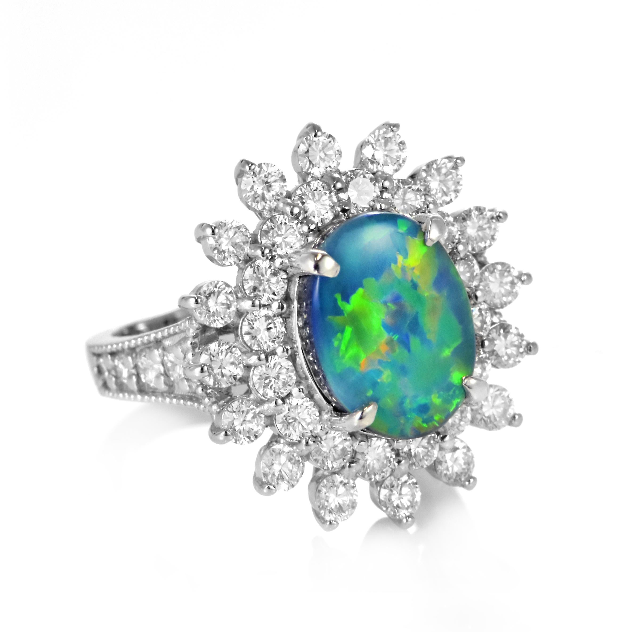 Cabochon 2.932 Carat Natural Australian Black Opal and Diamond Ring Made in Platinum For Sale