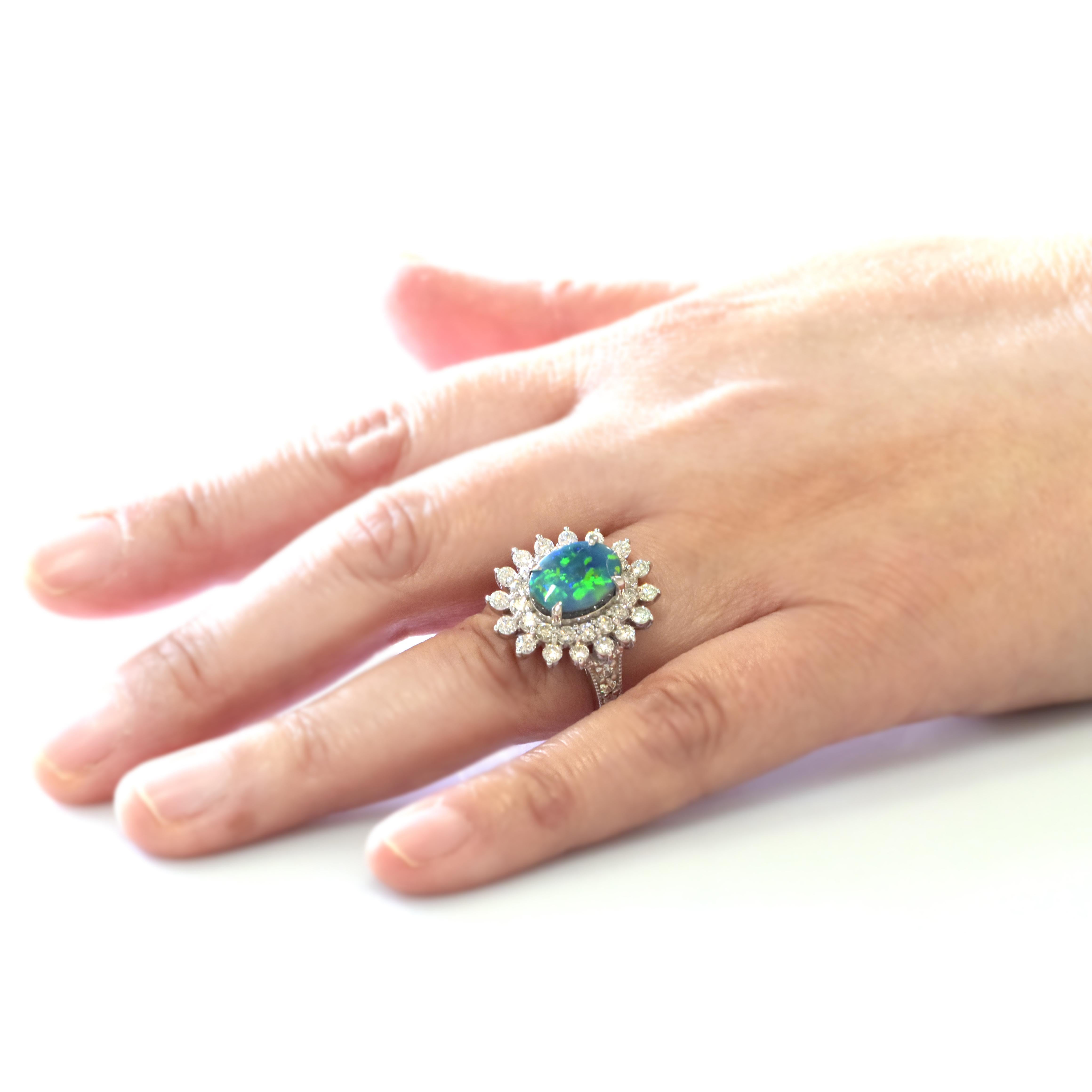 2.932 Carat Natural Australian Black Opal and Diamond Ring Made in Platinum For Sale 1
