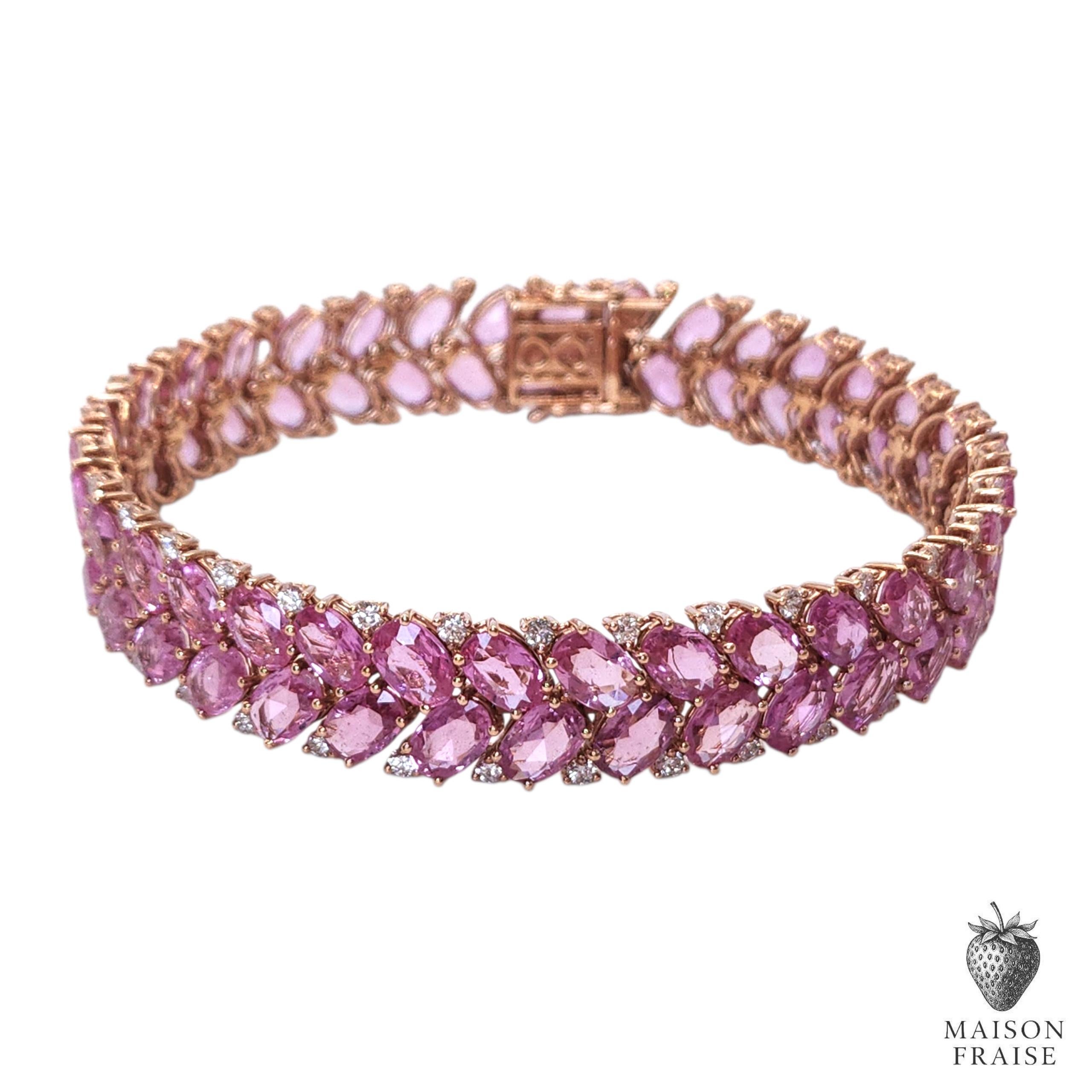A luminous celebration of femininity and refined craftsmanship, this exceptional bracelet dazzles with 29.35 carats of vivid rose-cut natural pink sapphires and 1.75 carats of brilliant round diamonds, all set in 18k rose gold. 

Each pink sapphire,