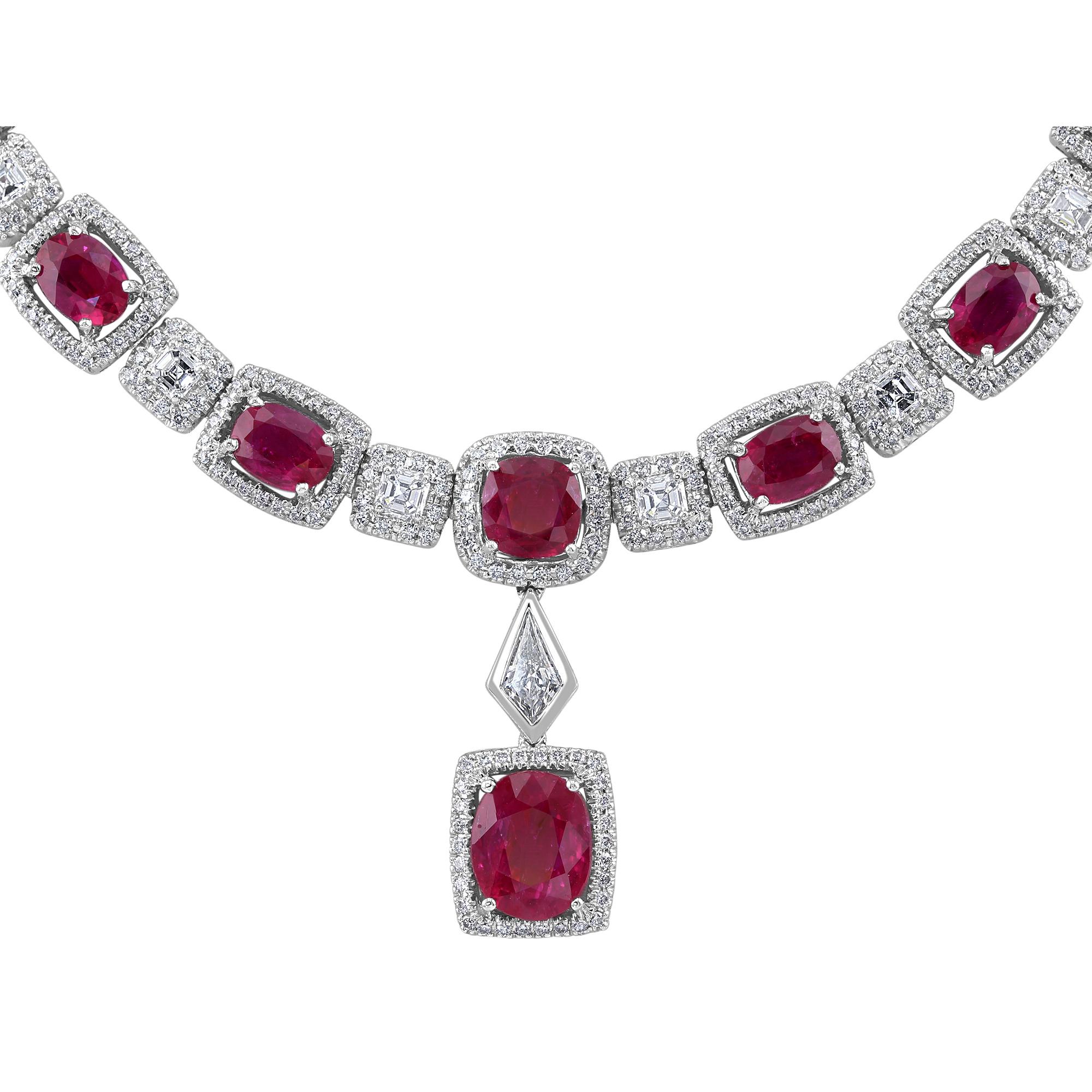 Ruby: 29.36 carat

Diamond weight: 9.50 carat 

Clasp: Tongue in box clasp with safety latch. 

Length: 17 Inch

This stunning and vibrant necklace features 29.36 carat Rubies, alternating with asscher cut diamonds, surrounded by diamond halo. The