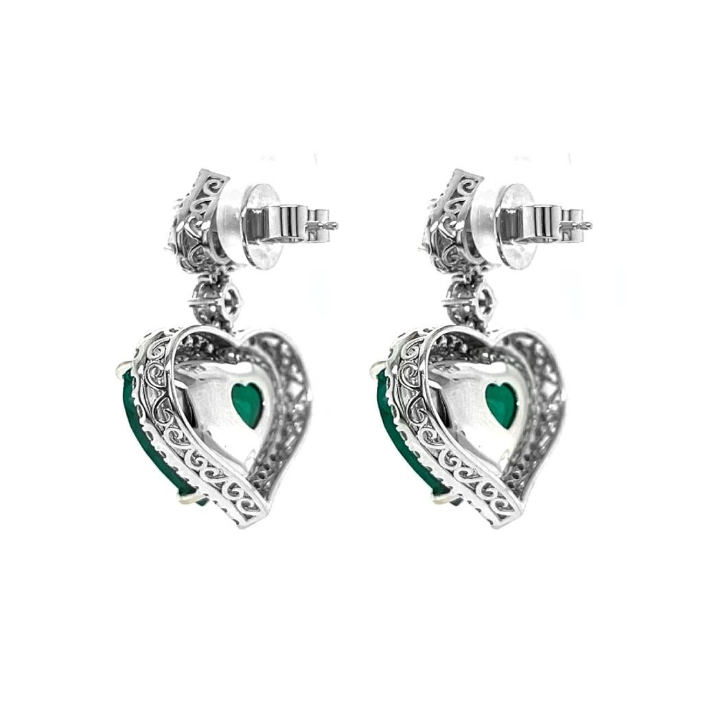 Art Deco 29.36 T.W Natural Mined Heart Shaped Emerald Diamond Chandelier 18KT White Gold 