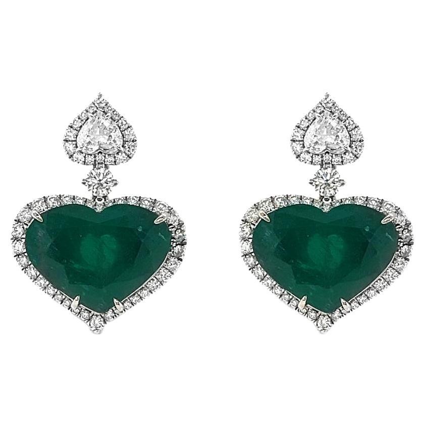 29.36 T.W Natural Mined Heart Shaped Emerald Diamond Chandelier 18KT White Gold  For Sale