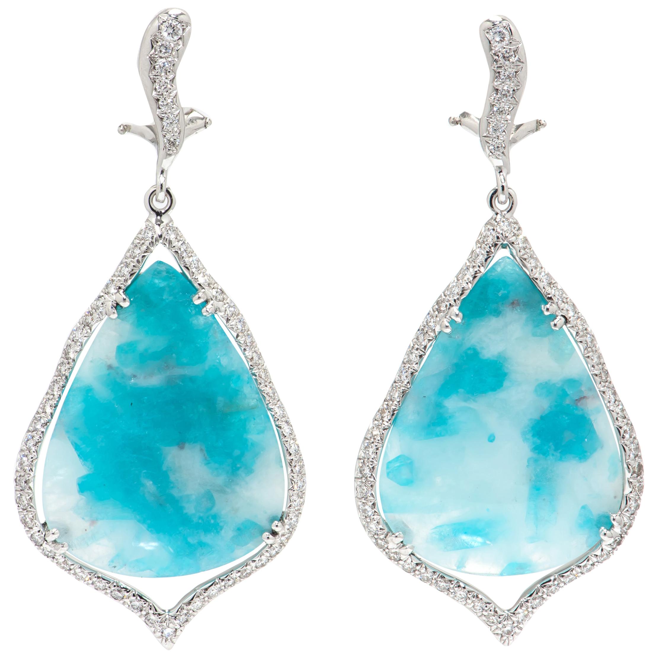 29.38 Carat Brazilian Paraiba Tourmaline Diamond Gold Drop Earrings For Sale