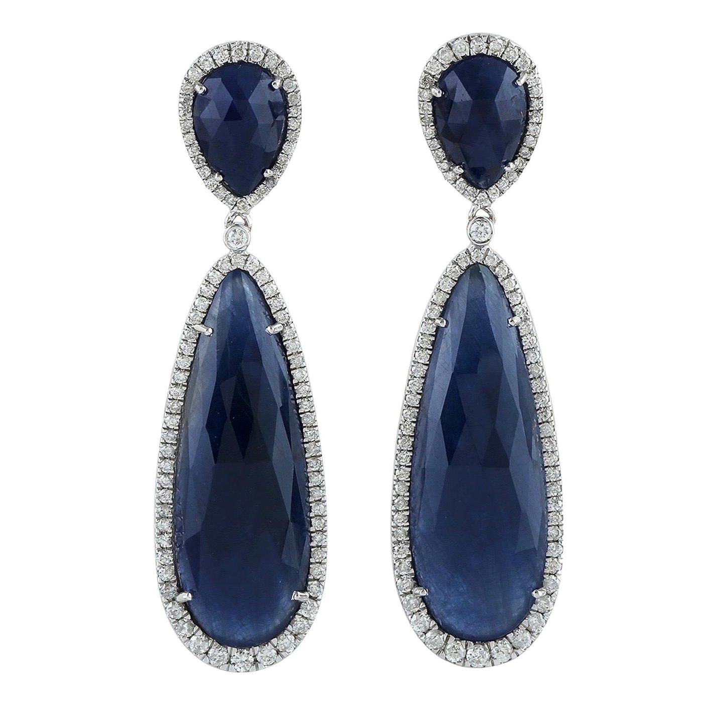 29.39 Carat Blue Sapphire Diamond 18 Karat Gold Earrings For Sale