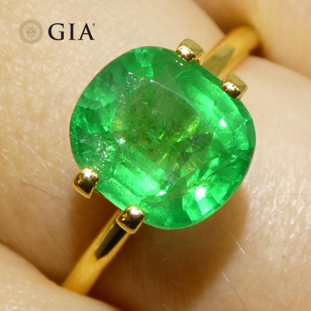 Brilliant Cut 2.93ct Cushion Green Emerald GIA Certified Zambia (F2) For Sale