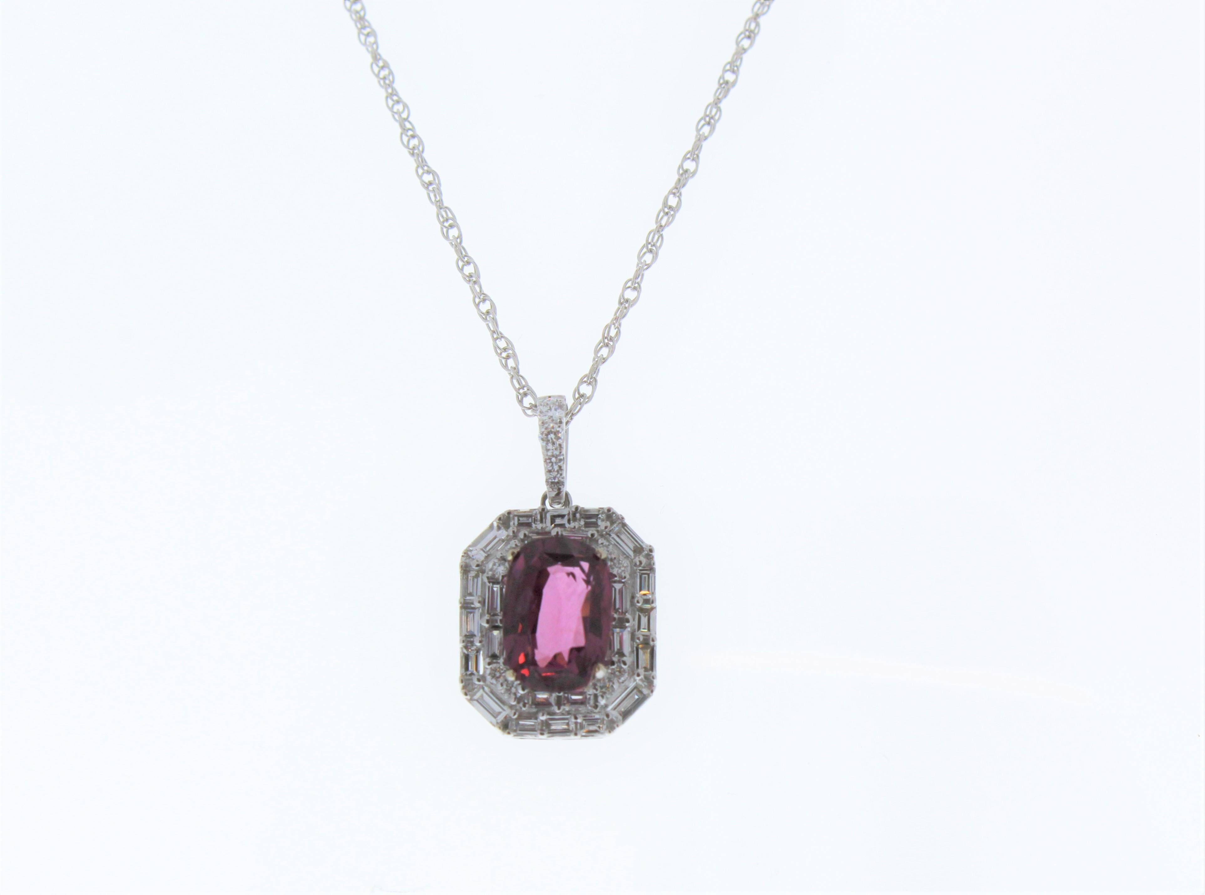 This gorgeous Cushion Cut Spinel gemstone pendant of 2.93CTW is surrounded by glistening natural diamonds that total up to 0.68CTW. The pendant is set in 18K White Gold.