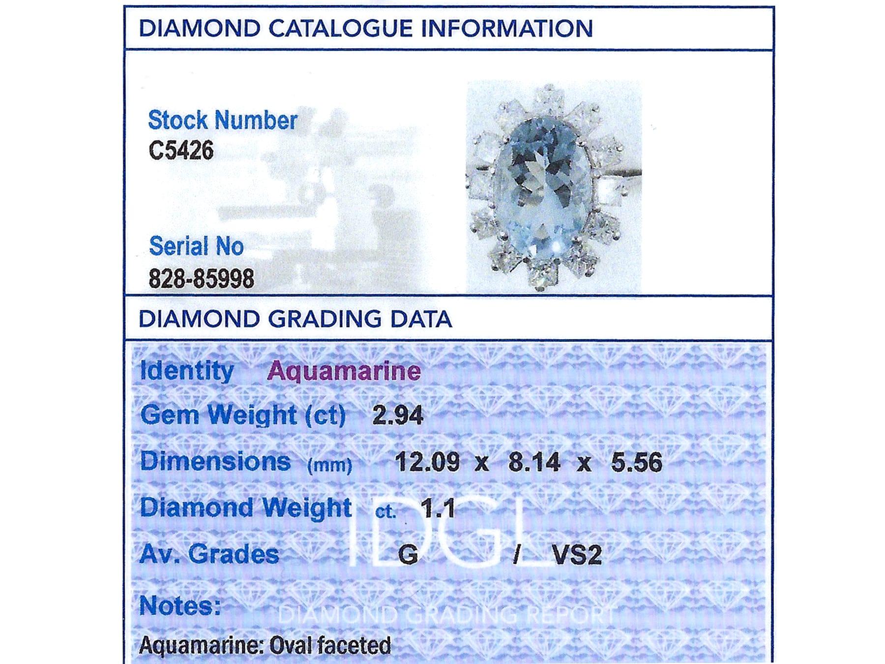 2.94 Carat Aquamarine and 1.10 Carat Diamond Platinum Engagement Ring For Sale 1