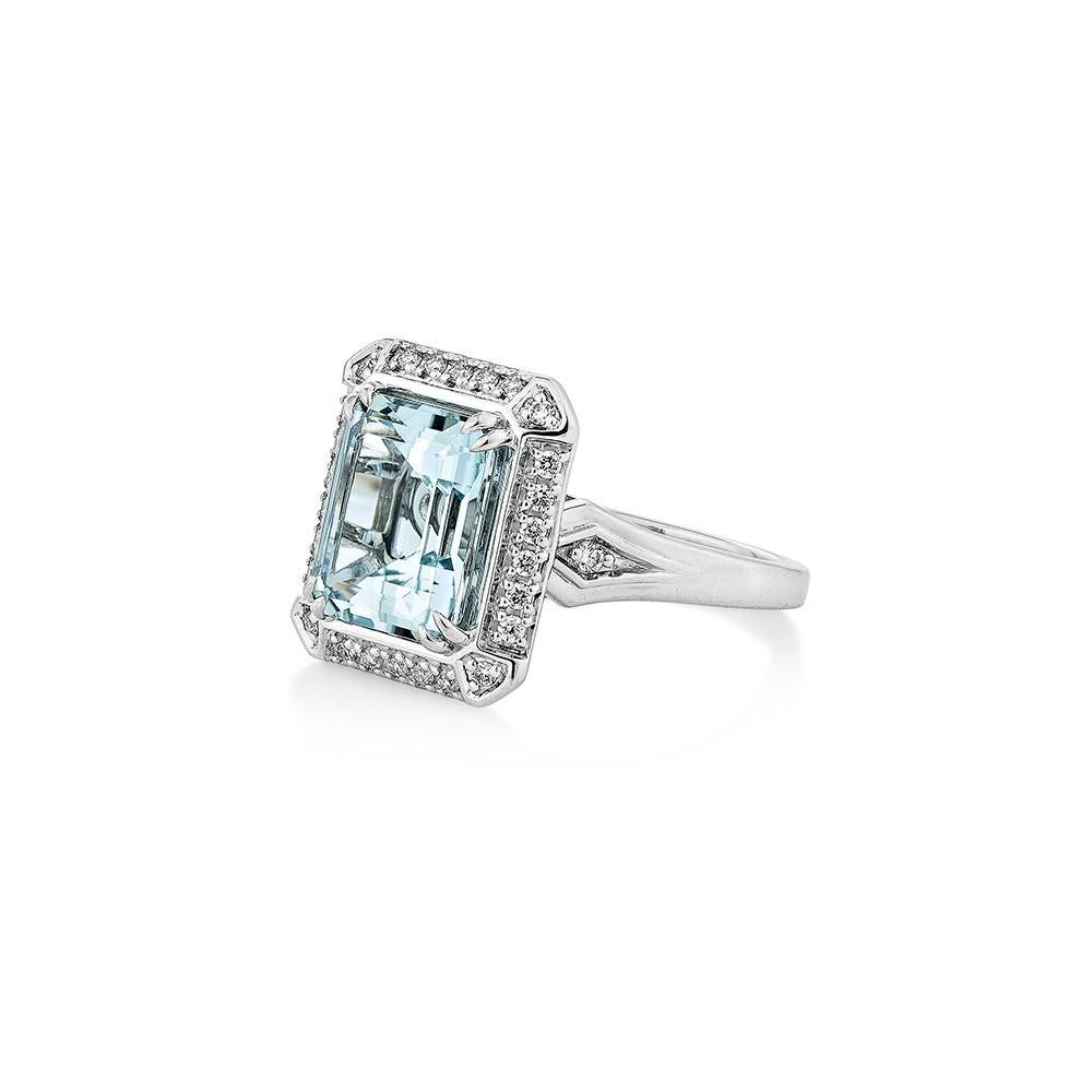 Octagon Cut 2.94 Carat Aquamarine Fancy Ring in 18Karat White Gold with White Diamond.    For Sale
