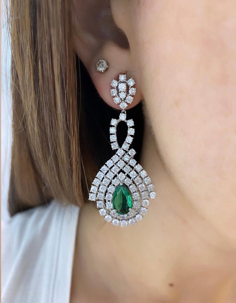 Pear Cut 2.94 Carat Emerald Pear Earrings, 7 Carat Diamonds, 18K White Gold, Dangle For Sale