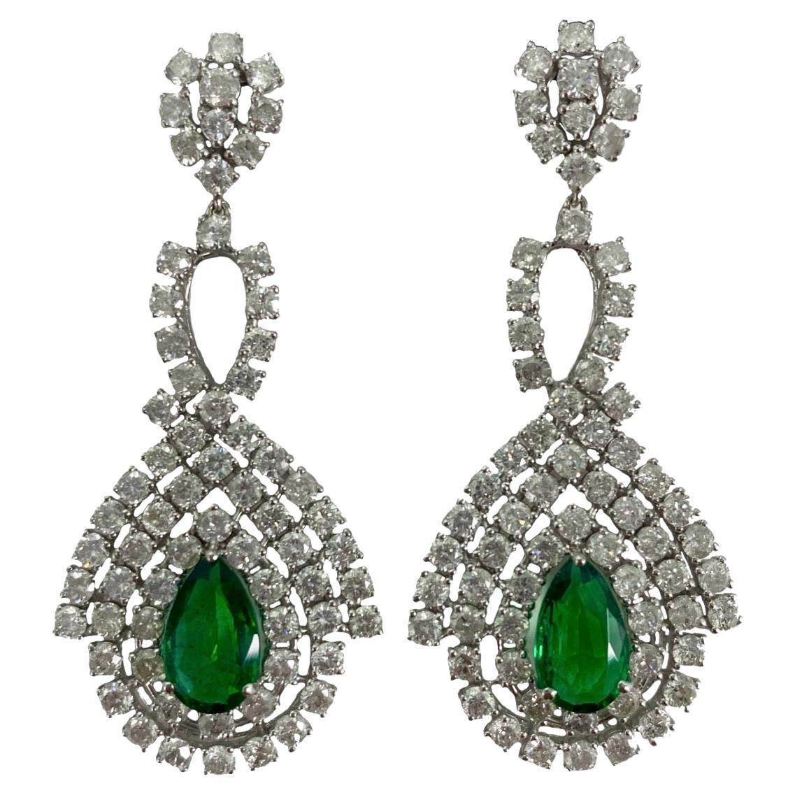 2.94 Carat Emerald Pear Earrings, 7 Carat Diamonds, 18K White Gold, Dangle