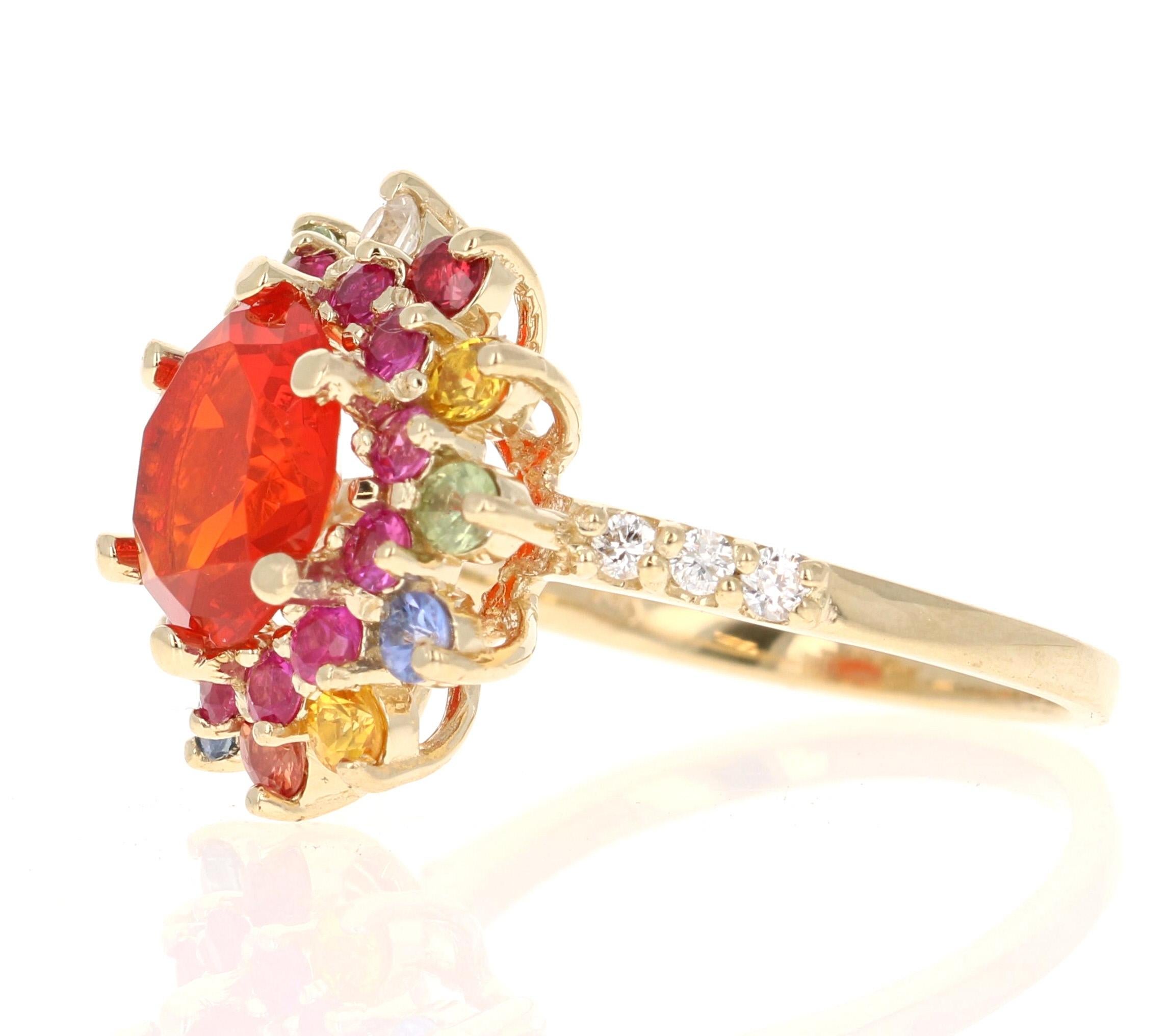 Contemporary 2.94 Carat Fire Opal Sapphire Diamond Yellow Gold Ring For Sale