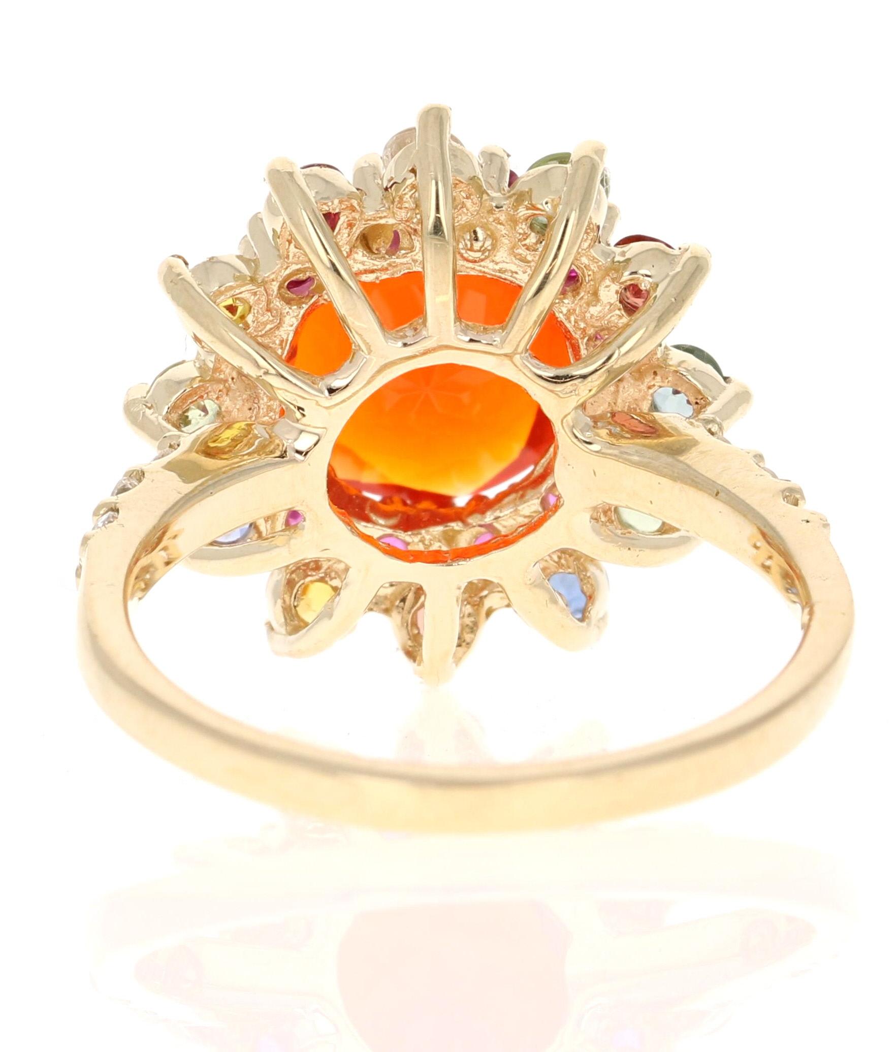 Round Cut 2.94 Carat Fire Opal Sapphire Diamond Yellow Gold Ring For Sale