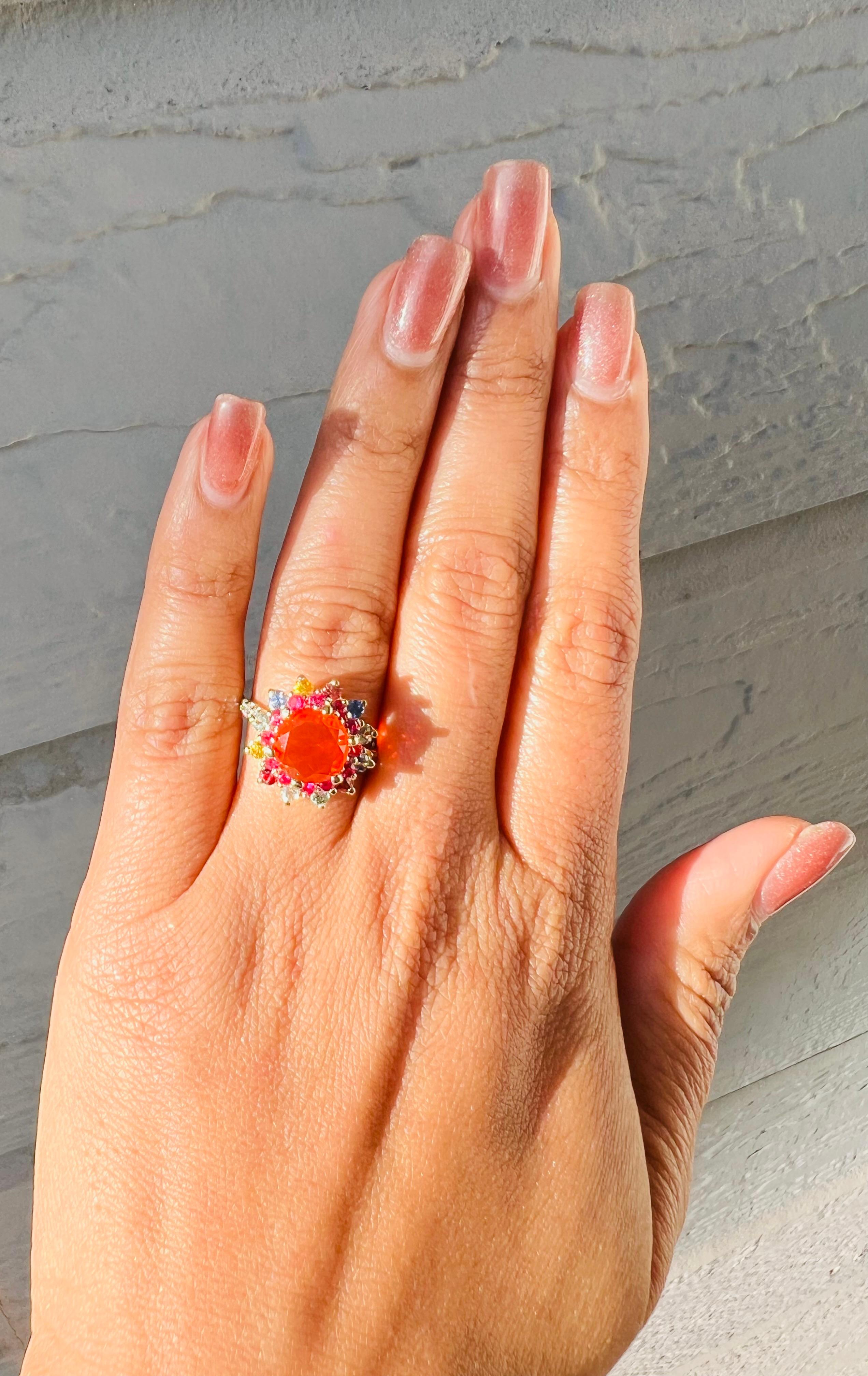 2.94 Carat Fire Opal Sapphire Diamond Yellow Gold Ring In New Condition For Sale In Los Angeles, CA