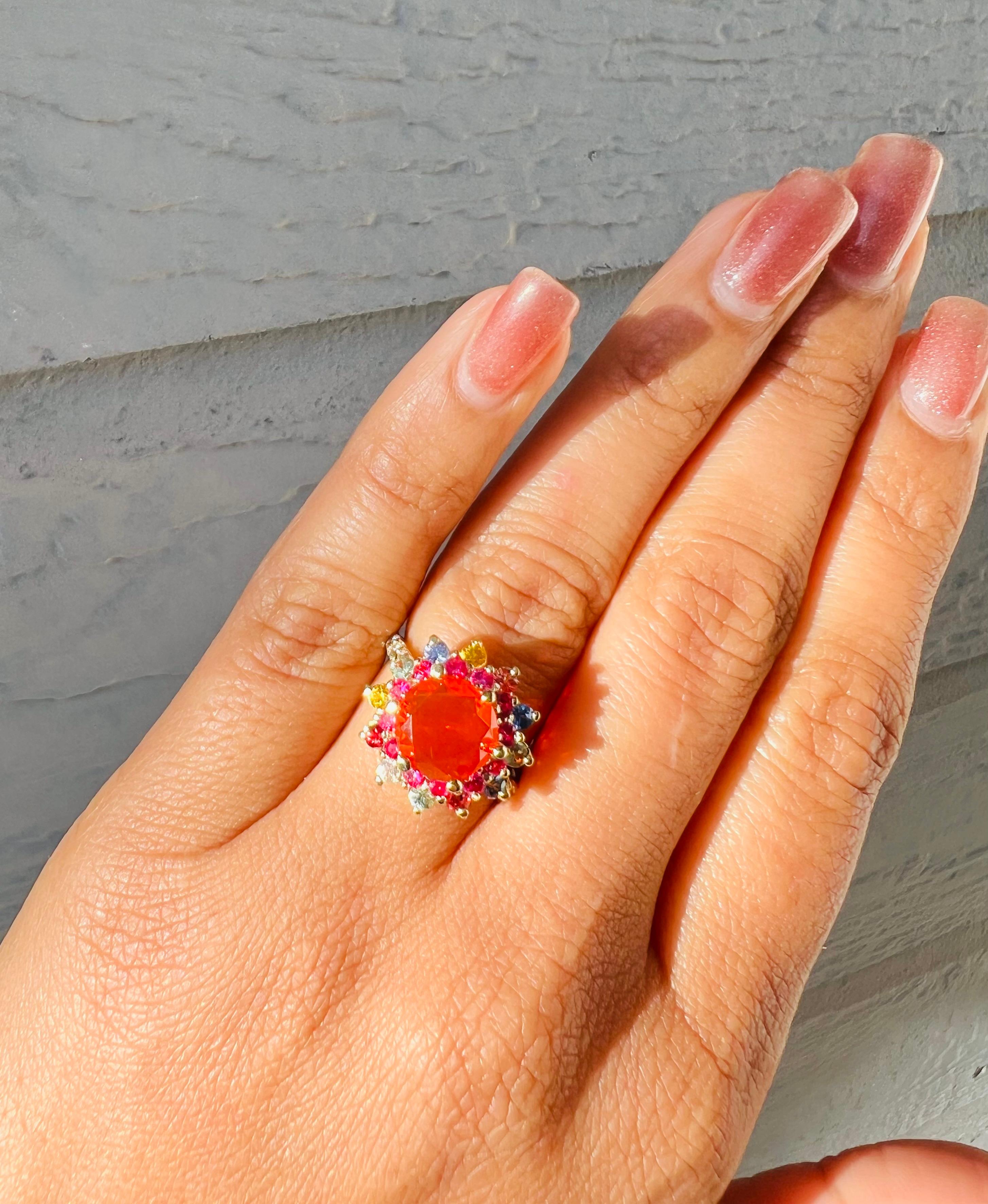 Women's 2.94 Carat Fire Opal Sapphire Diamond Yellow Gold Ring For Sale