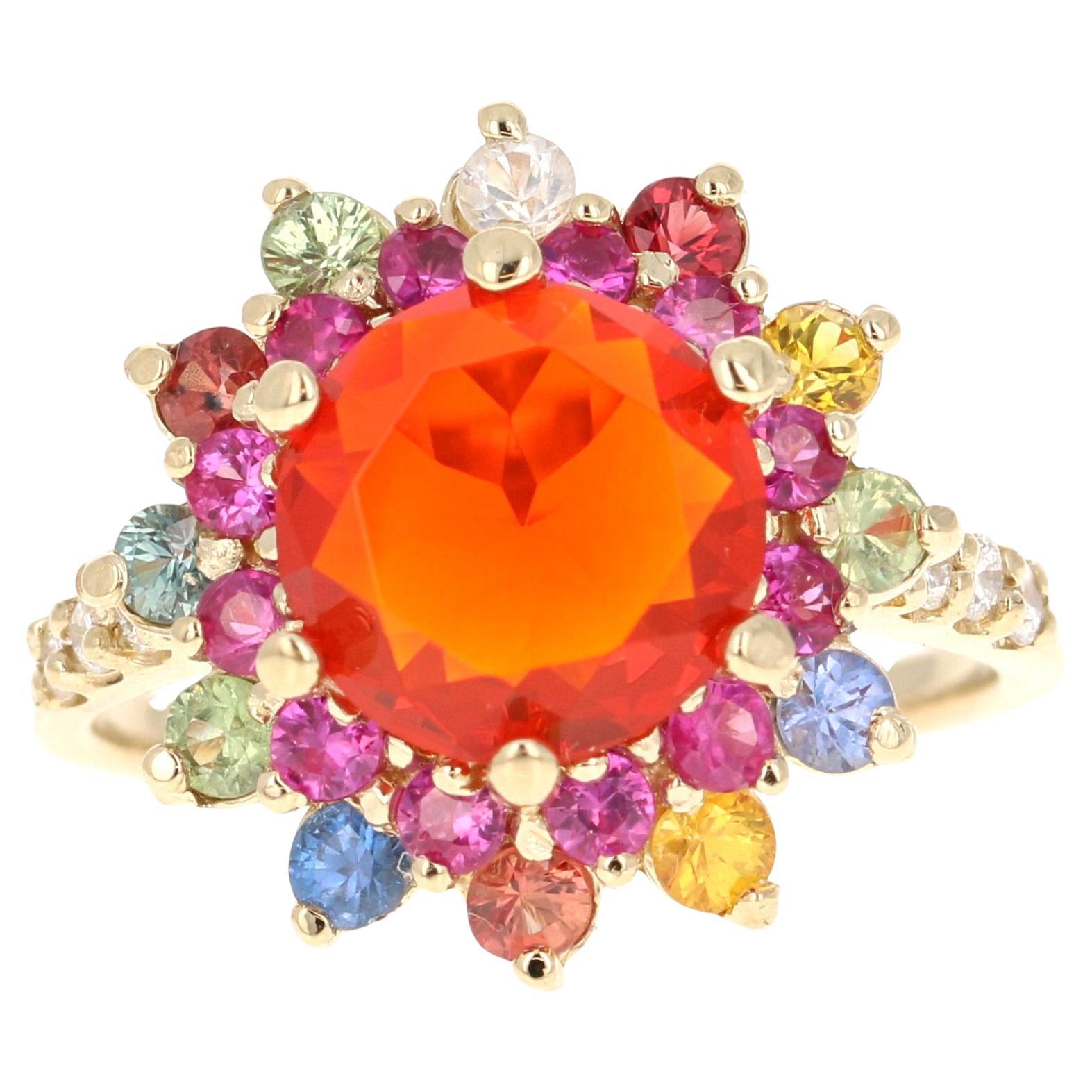 2.94 Carat Fire Opal Sapphire Diamond Yellow Gold Ring