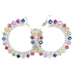 2.94 Carat Multi Color Sapphire Diamond 14 Karat White Gold Earrings 