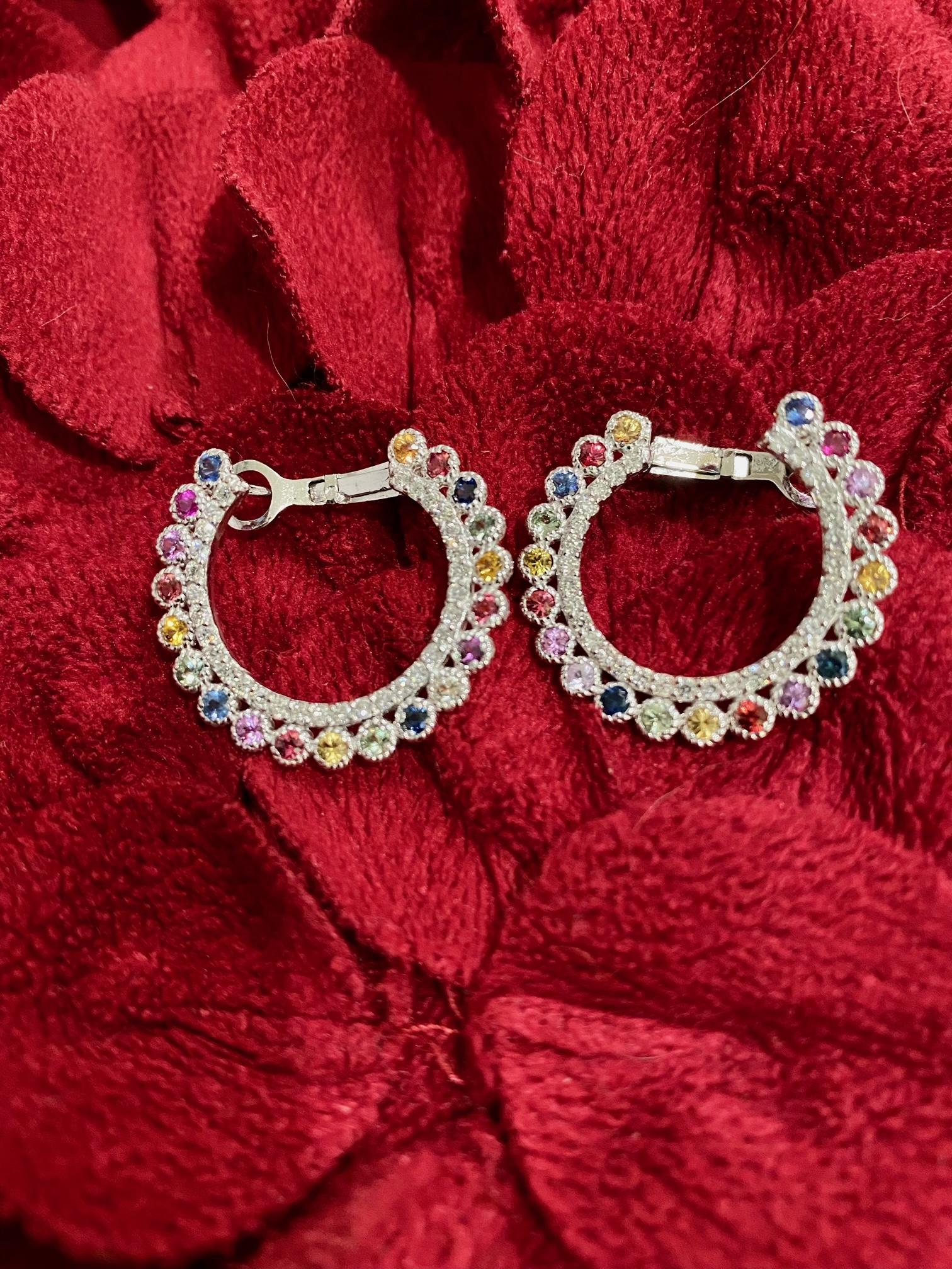 2.94 Carat Multi Color Sapphire Diamond 14 Karat White Gold Earrings  For Sale 1