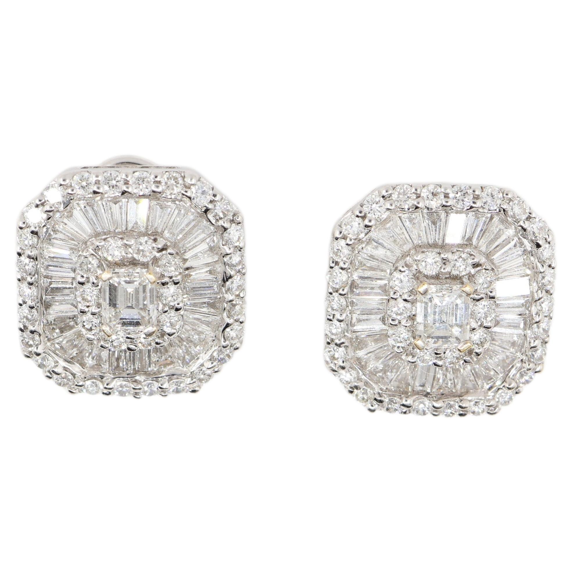 2.94 Carat Multi-Cut Diamond Cluster Halo Stud Earrings 18K White Gold