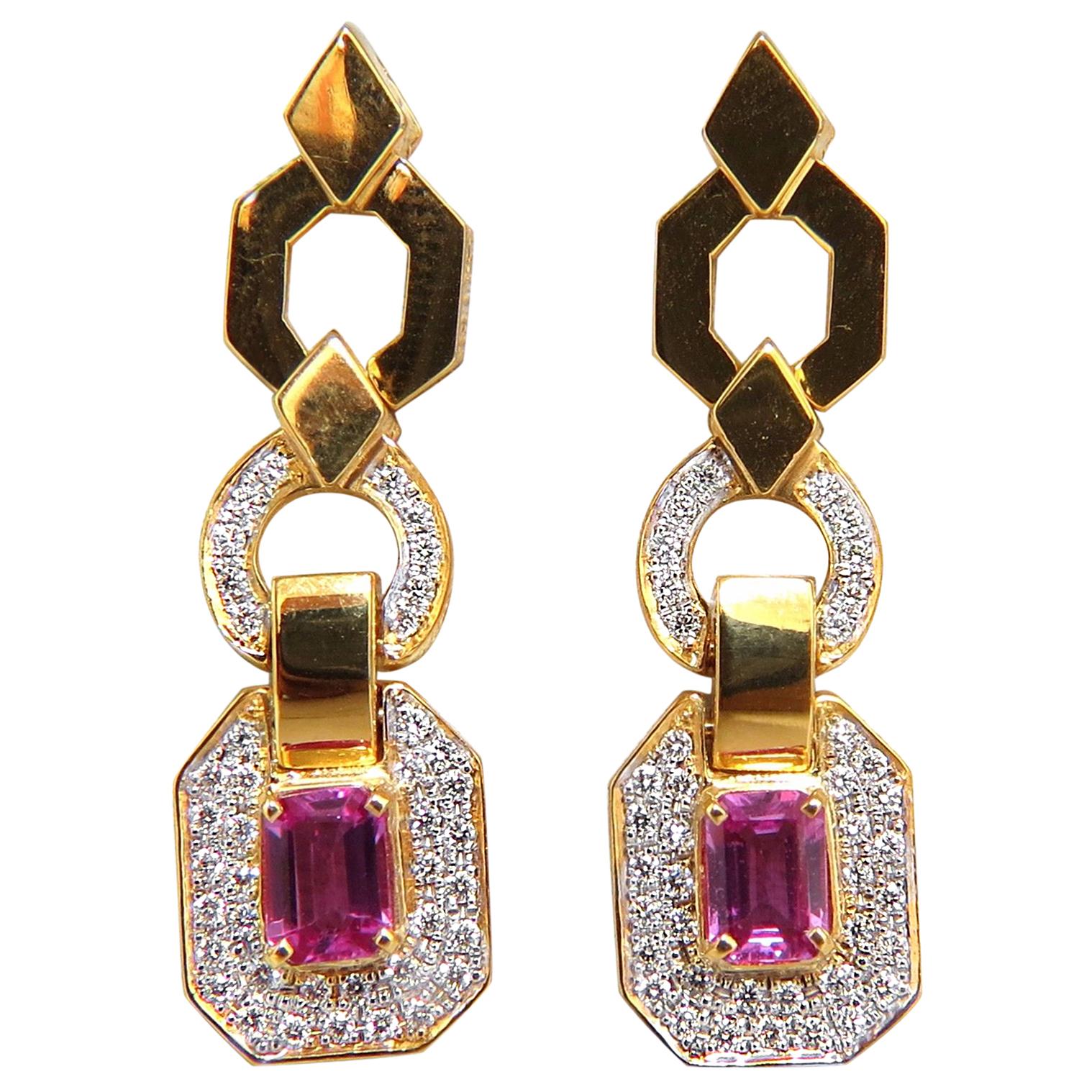 2.94 Carat Natural Pink Sapphire Diamond Dangle Earrings 14 Karat Vivid Prime