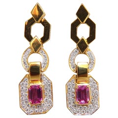 2.94 Carat Natural Pink Sapphire Diamond Dangle Earrings 14 Karat Vivid Prime