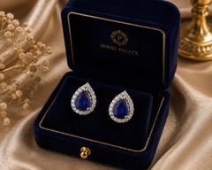 Pear Shape Blue Sapphire Gemstone Diamond Halo Earrings in 18K White Gold