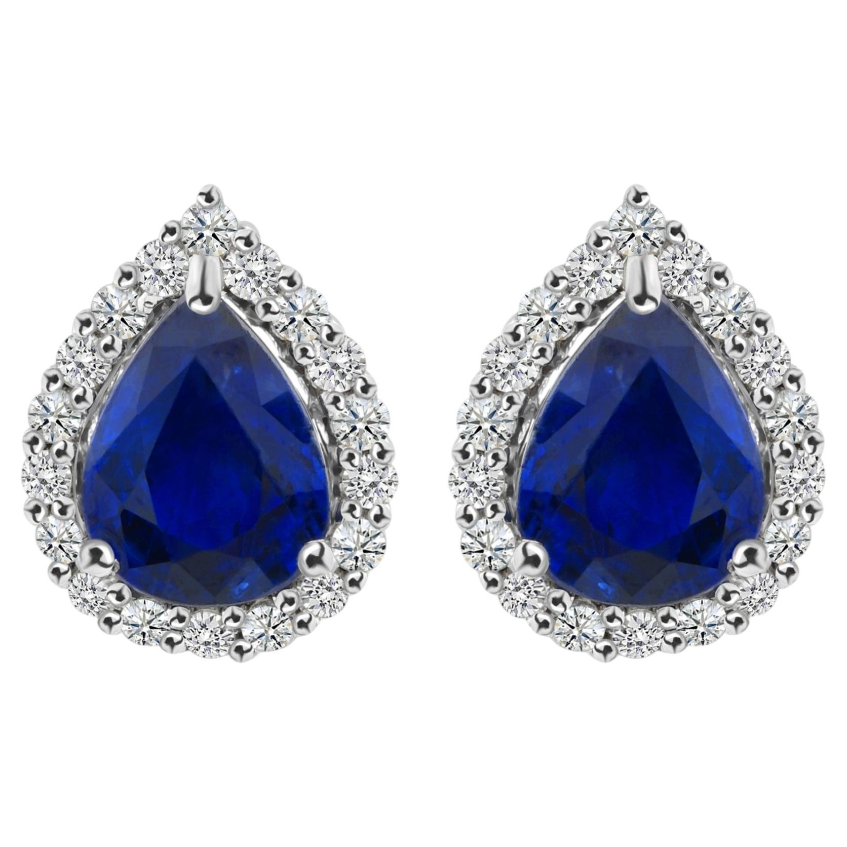 Pear Shape Blue Sapphire Gemstone Diamond Halo Earrings in 18K White Gold