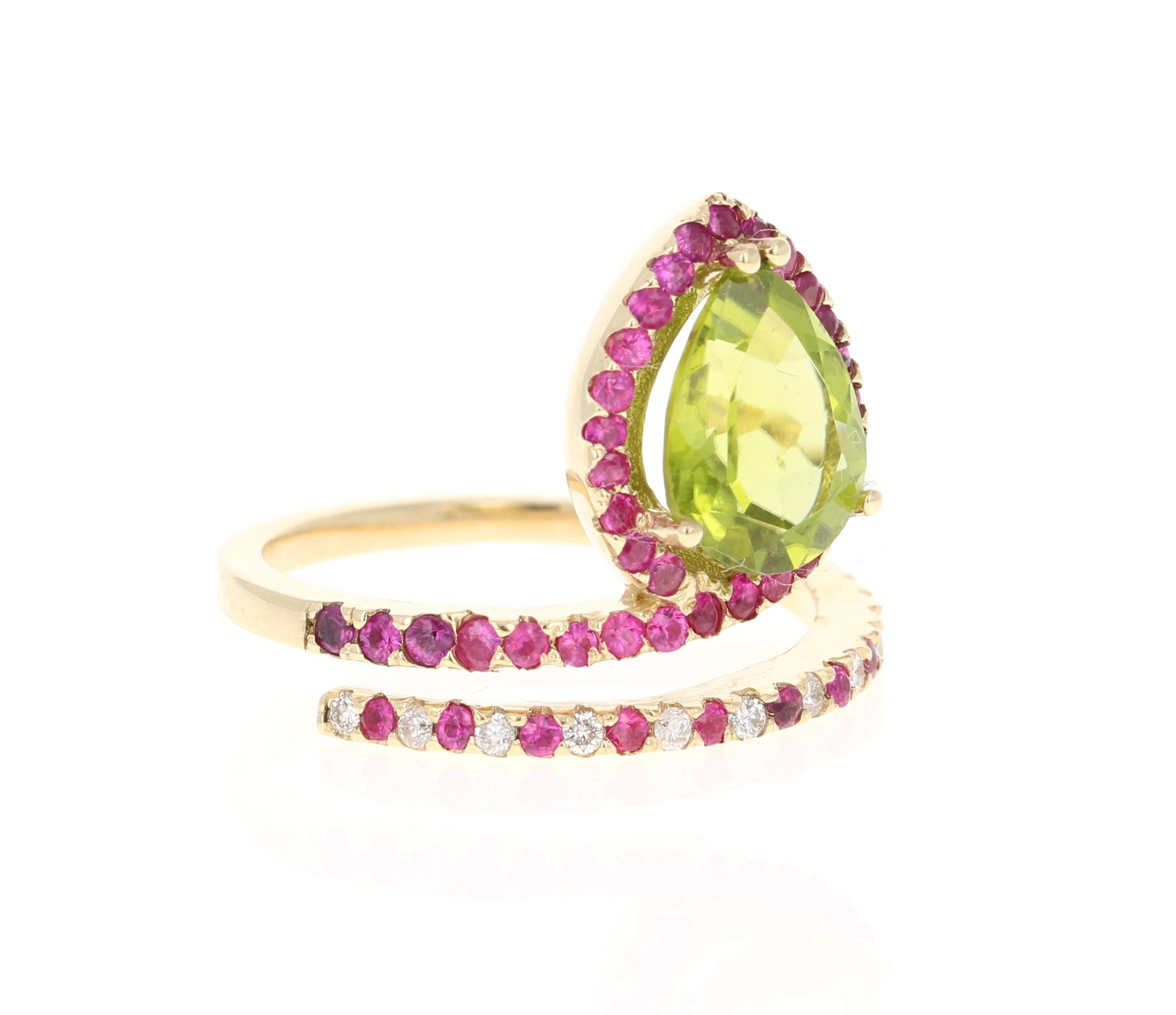 2.94 Carat Peridot Sapphire Diamond 14 Karat Yellow Gold Engagement Ring
This beautiful ring has a Pear Cut Peridot in the center that weighs 2.19 carats. The ring is surrounded by a Halo of Pink Sapphires and wraps around with alternating Diamonds