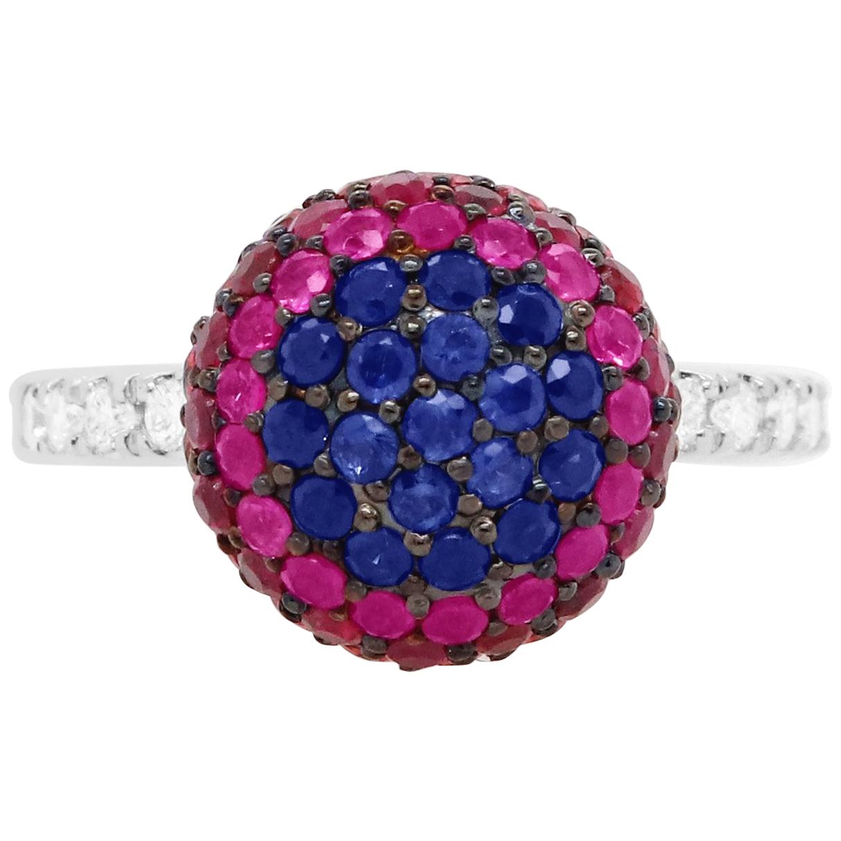 Material: 14k White Gold 
Center Stone Details:  Round Multicolor Sapphires - at 2.94 Carats - Navy, Pink, Red, Orange, Yellow
Diamond Details:  Round White Diamonds at 0.27 Carats
Ring Size: Size 7. Alberto offers complimentary sizing on all