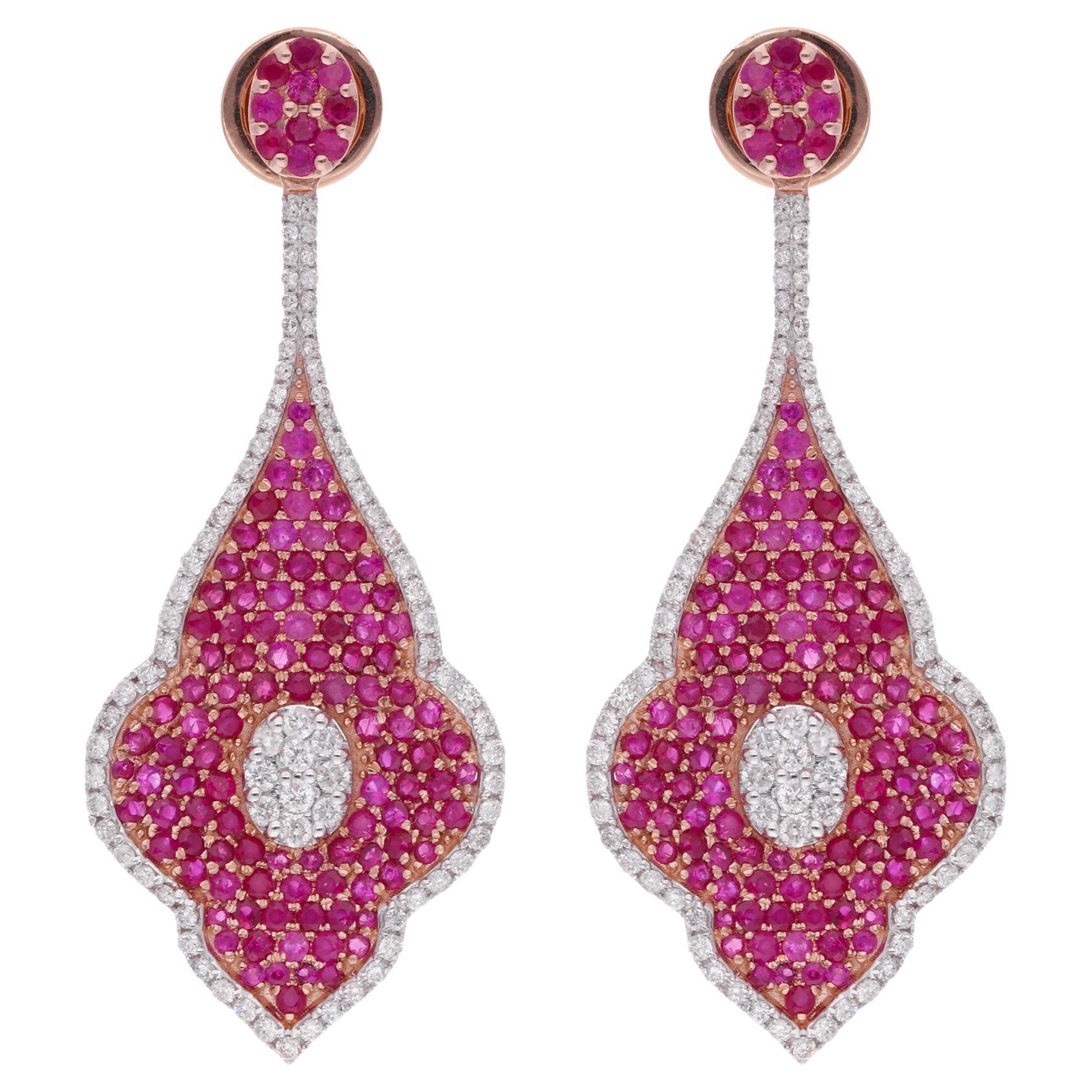 2.94 Carat Ruby Leaf Dangle Earrings Diamond 18 Karat White & Rose Gold
