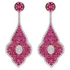 2.94 Carat Ruby Leaf Dangle Earrings Diamond 18 Karat White & Rose Gold