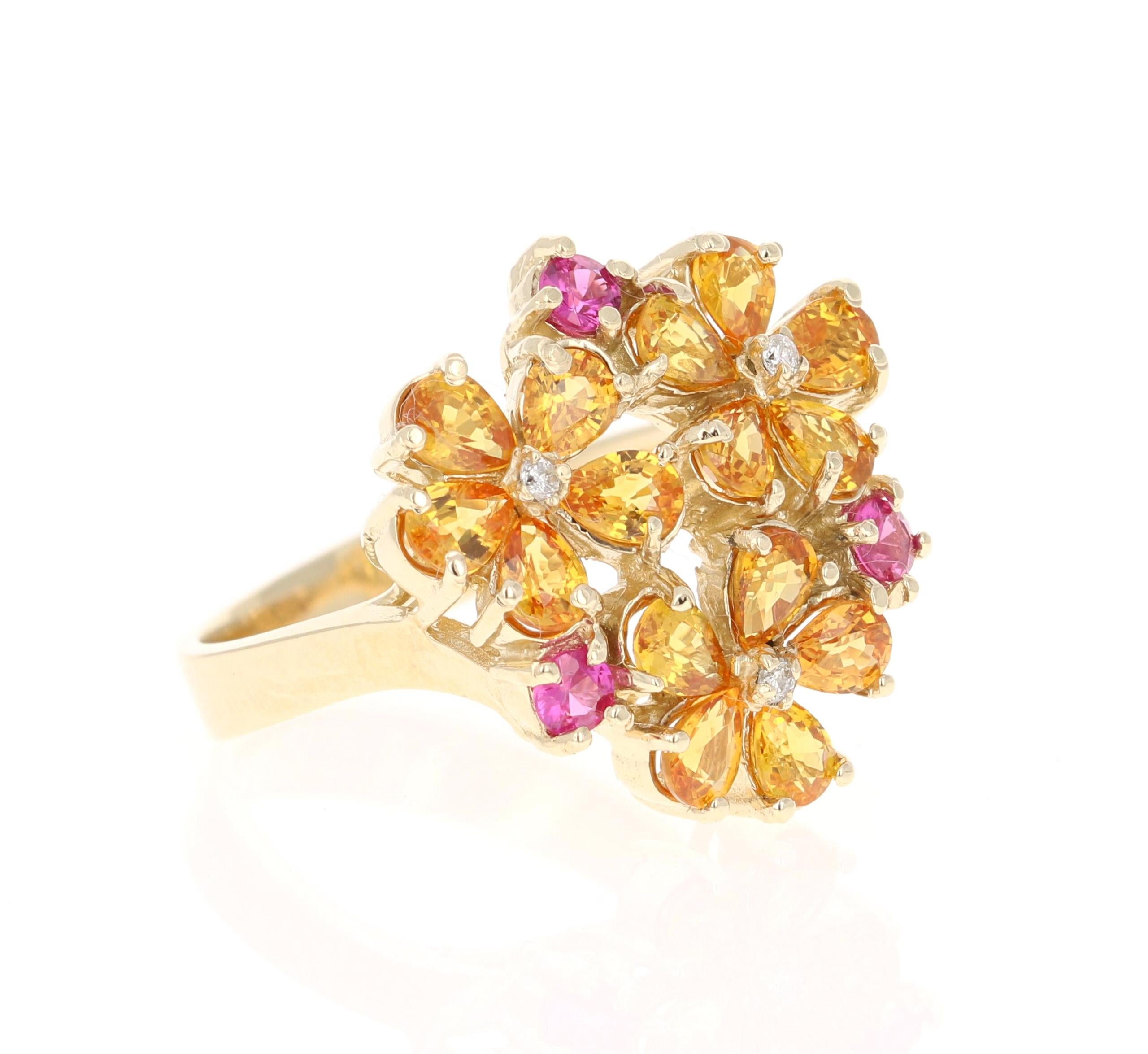 A Stunning and Unique piece to say the least!   Our in-house designer is carefully curated this ring to make it look like the most beautiful flower!

This ring has 15 Pear Cut Yellow Sapphires that weigh 2.62 Carats and 3 Round Pink Sapphires that