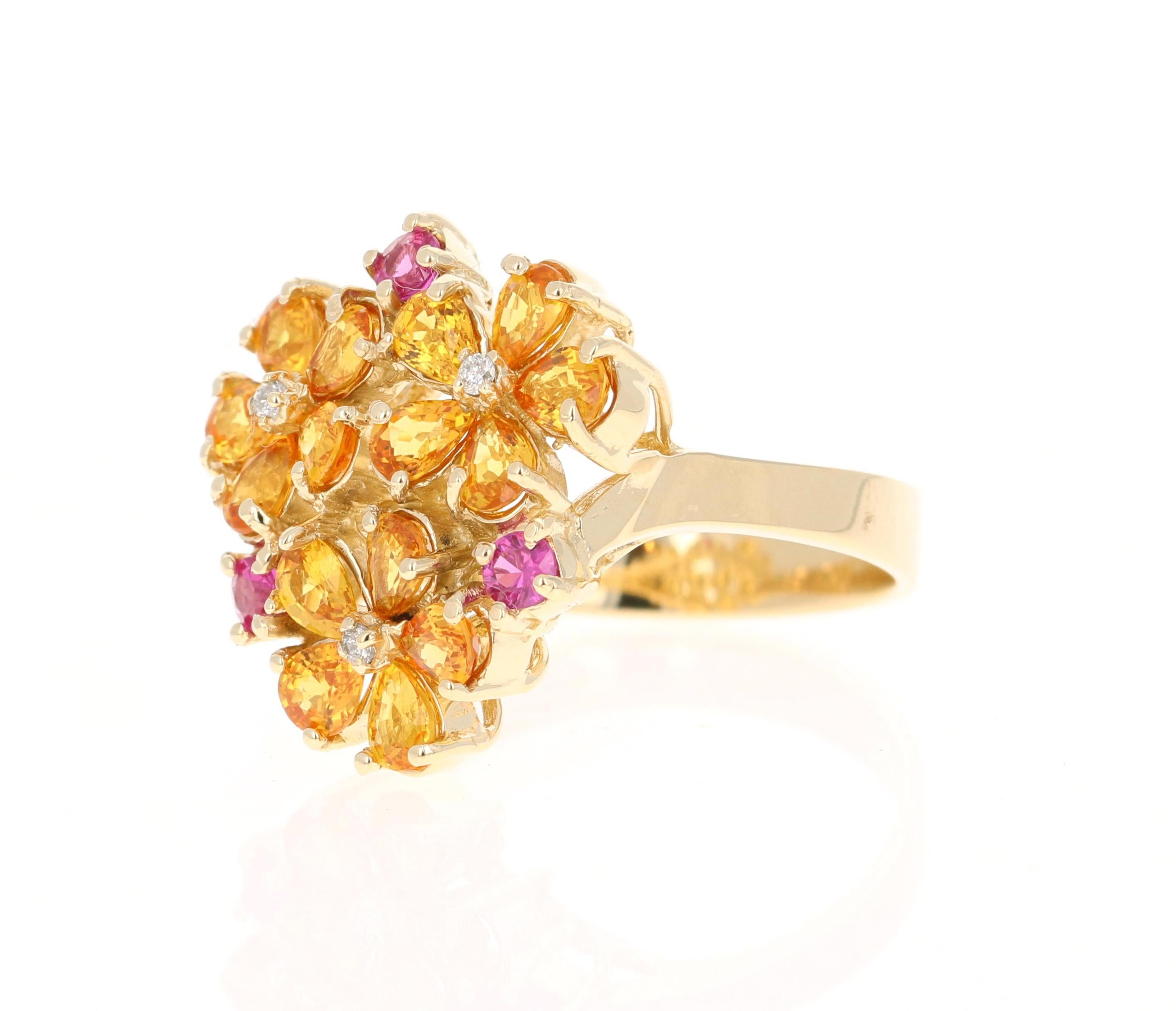 Contemporary Sapphire Diamond Yellow Gold Floret Design Cocktail Ring For Sale