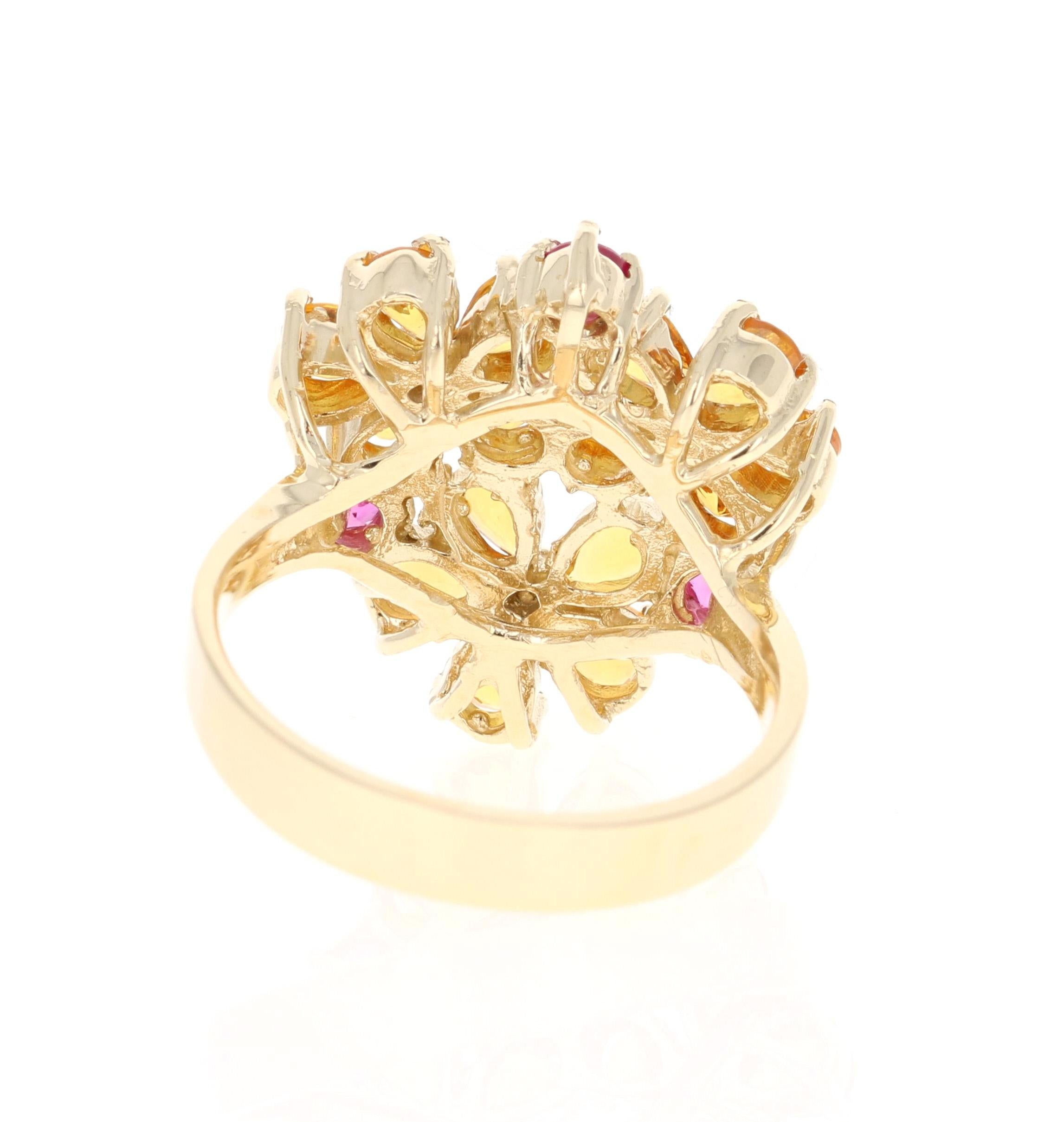 Pear Cut Sapphire Diamond Yellow Gold Floret Design Cocktail Ring For Sale