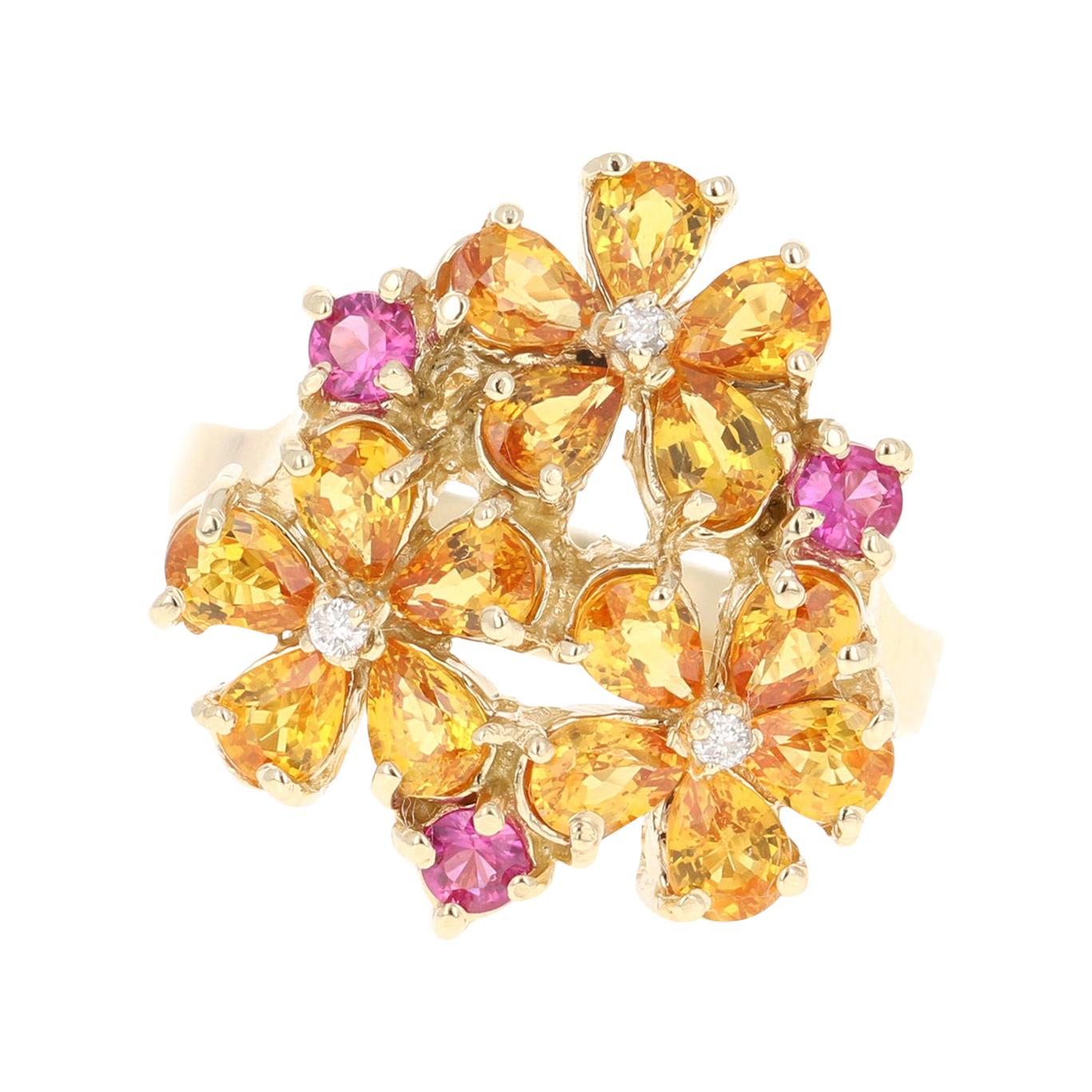 Sapphire Diamond Yellow Gold Floret Design Cocktail Ring