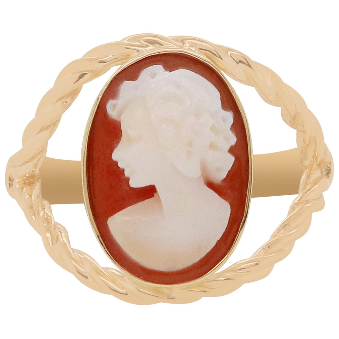 2.94 Carat Oval Cameo Ring Rope Split Shank 14K Yellow Gold