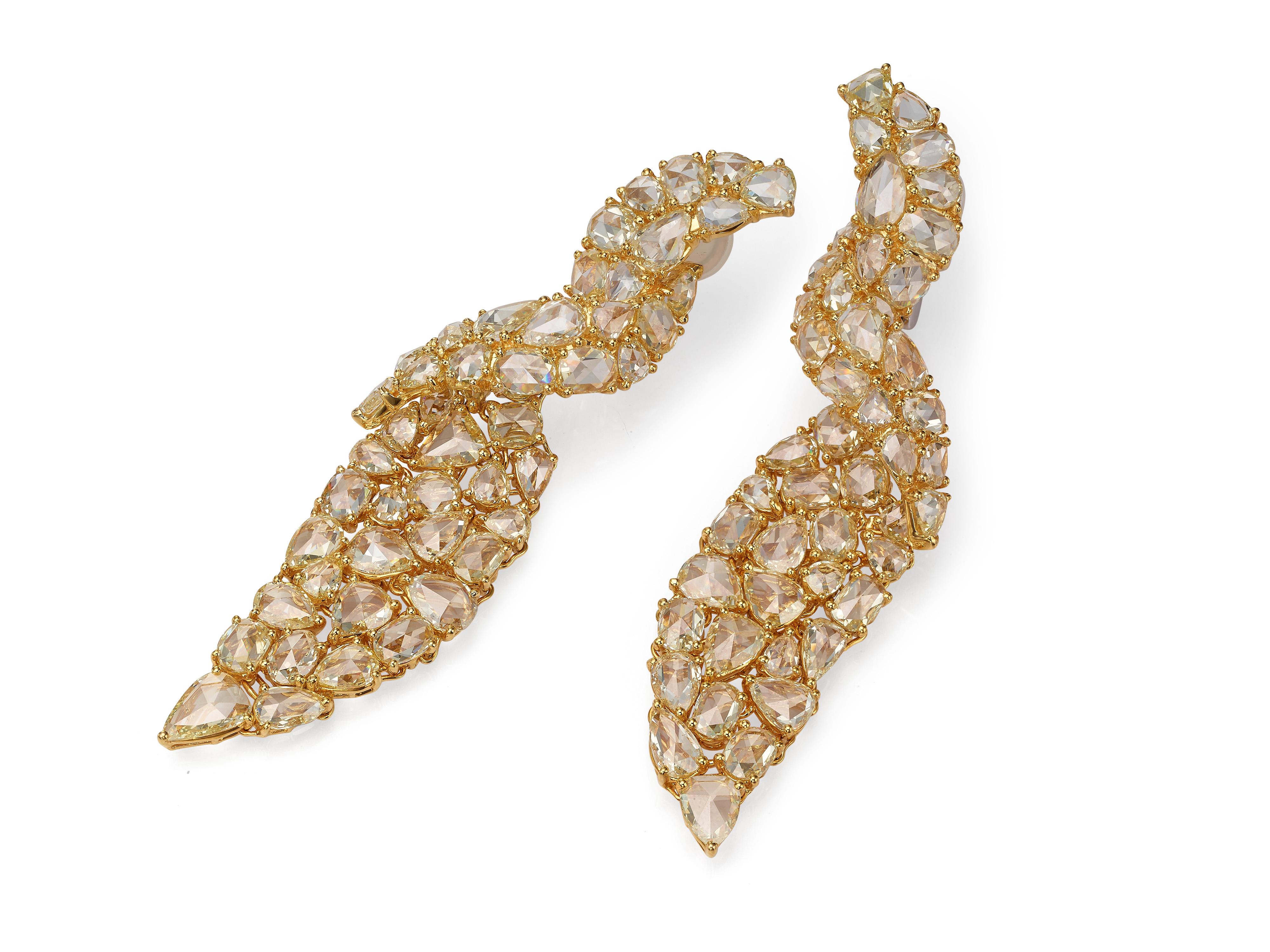 Contemporary 29.40 Carat Rose Cut Yellow Diamond 18 Karat Yellow Gold Earrings