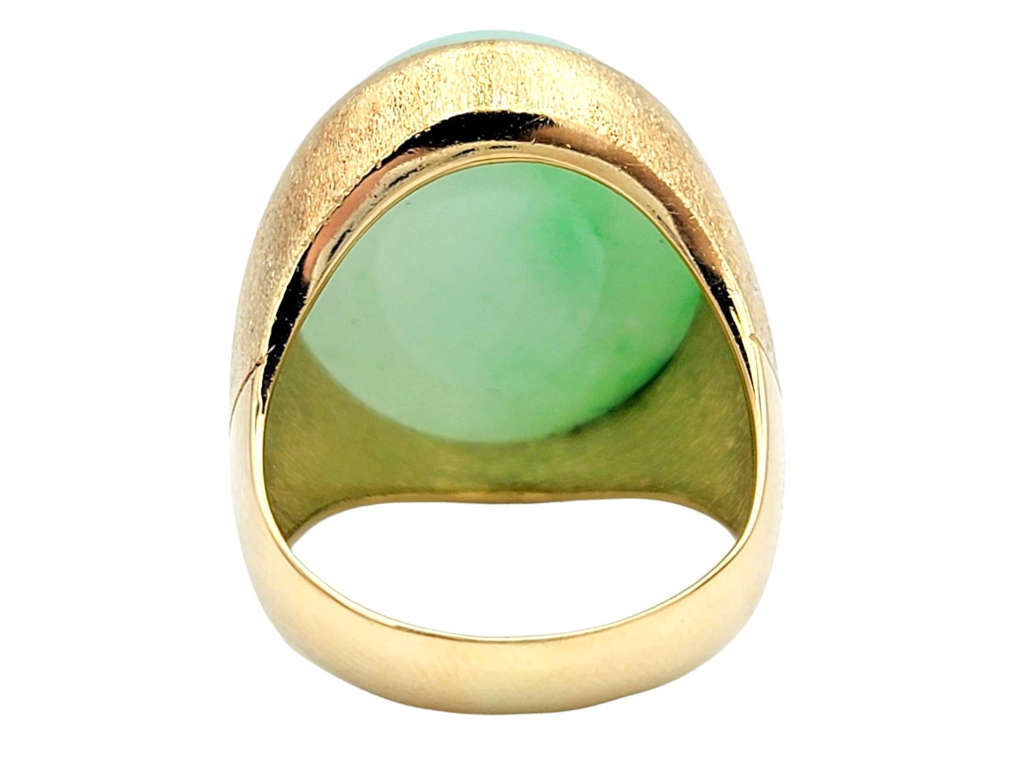 Women's or Men's 29.40 Carat Solitaire Oval Cabochon Green Nephrite Jade Ring in Yellow Gold For Sale