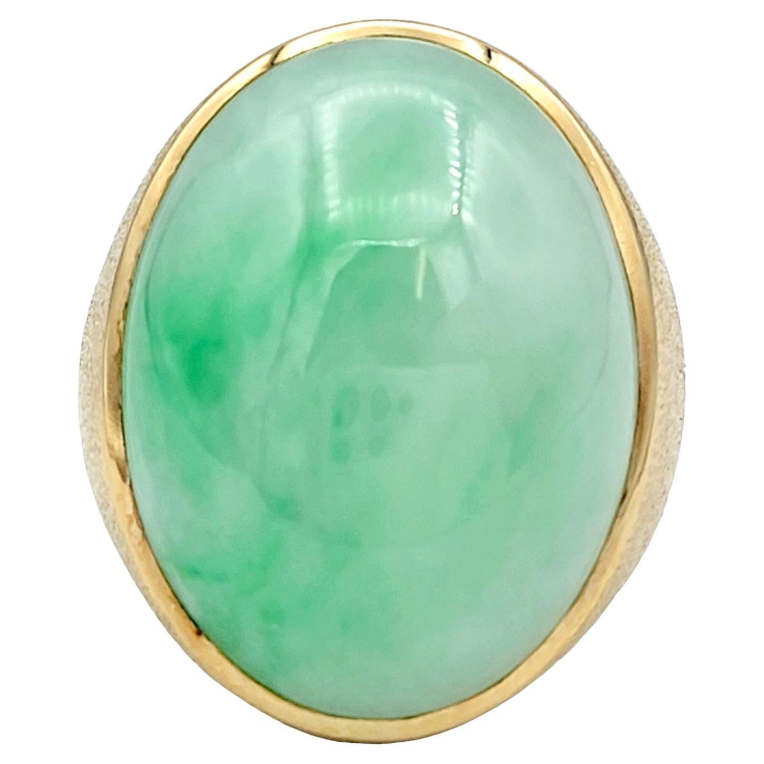 29.40 Carat Solitaire Oval Cabochon Green Nephrite Jade Ring in Yellow Gold For Sale