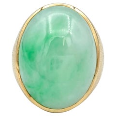 29.40 Carat Solitaire Oval Cabochon Green Nephrite Jade Ring in Yellow Gold