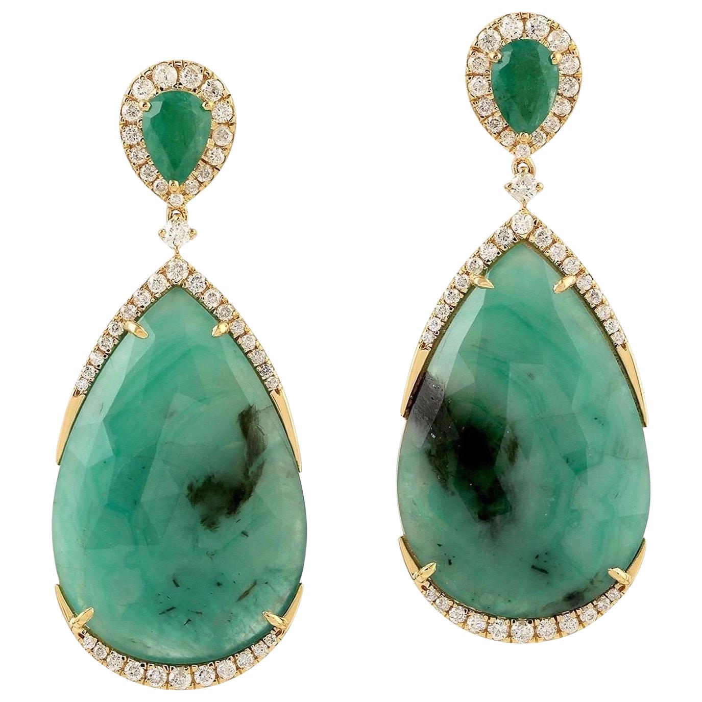 29.43 Carat Emerald Diamond 18 Karat Gold Earrings For Sale