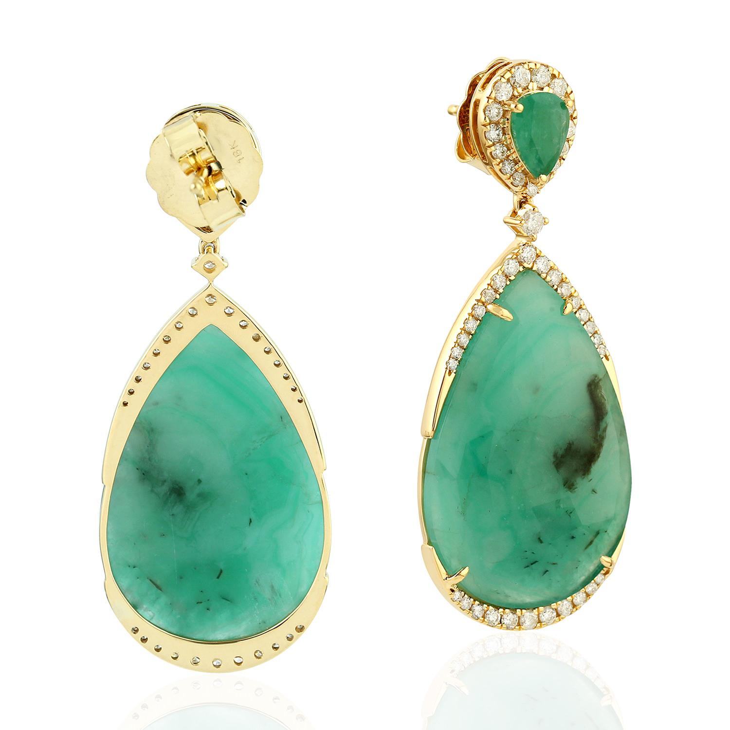 Artisan 29.43 Carat Emerald Diamond 18 Karat Gold Earrings For Sale