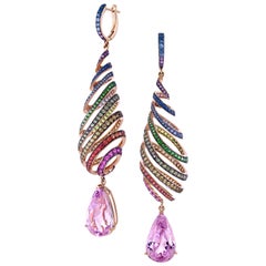 29.46 Carat Kunzite Rainbow Spiral Earrings with Colored Sapphires