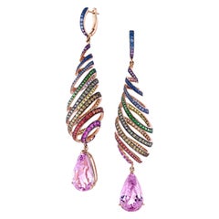 29.46 Carat Kunzite Rainbow Spiral Earrings with Colored Sapphires