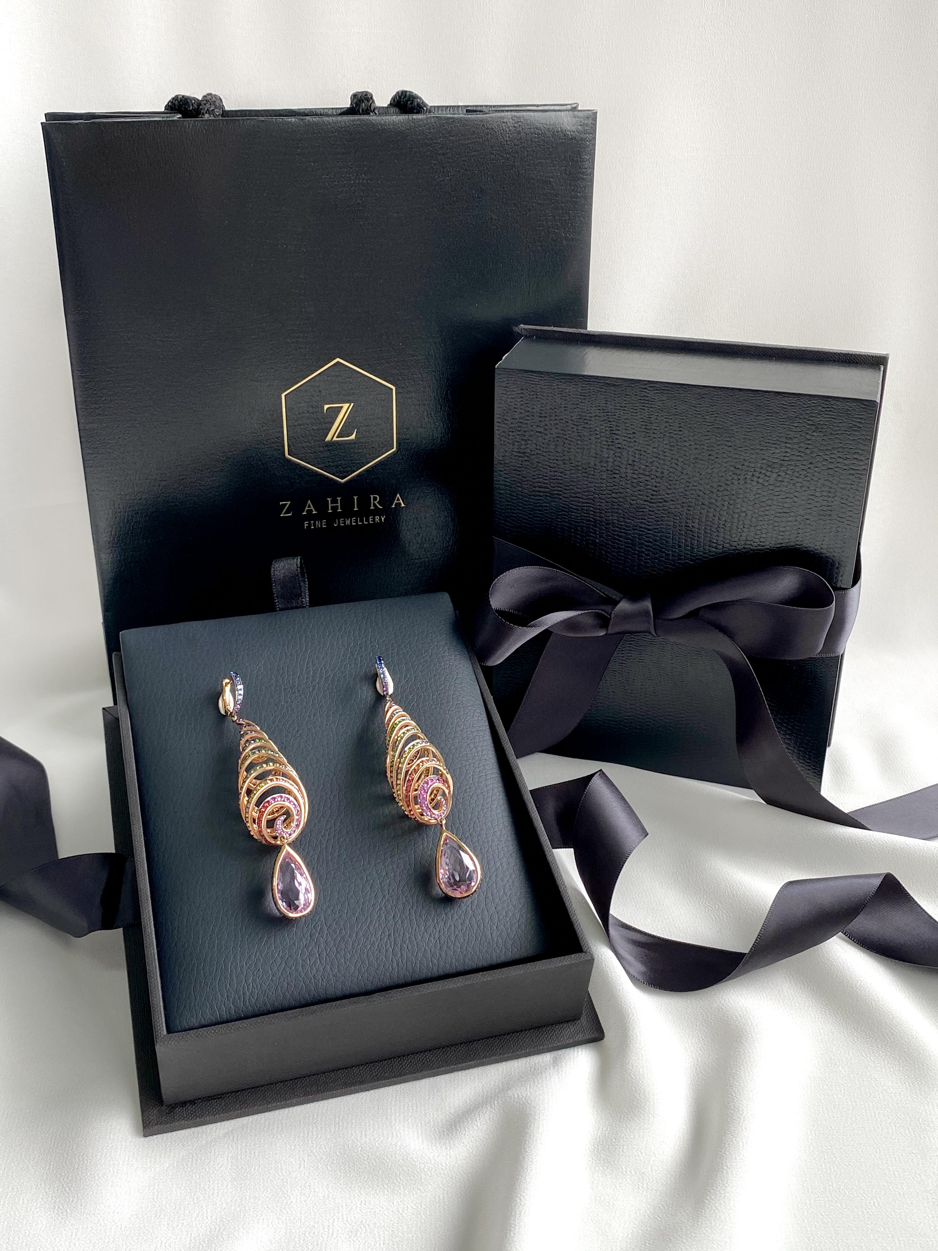 Women's 29.46 Carat Kunzite Spiral Earrings with Rainbow Natural Sapphires in Pink Gold For Sale