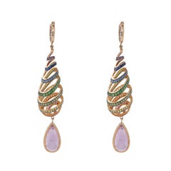 29.46 Carat Kunzite Spiral Earrings with Rainbow Natural Sapphires in Pink Gold